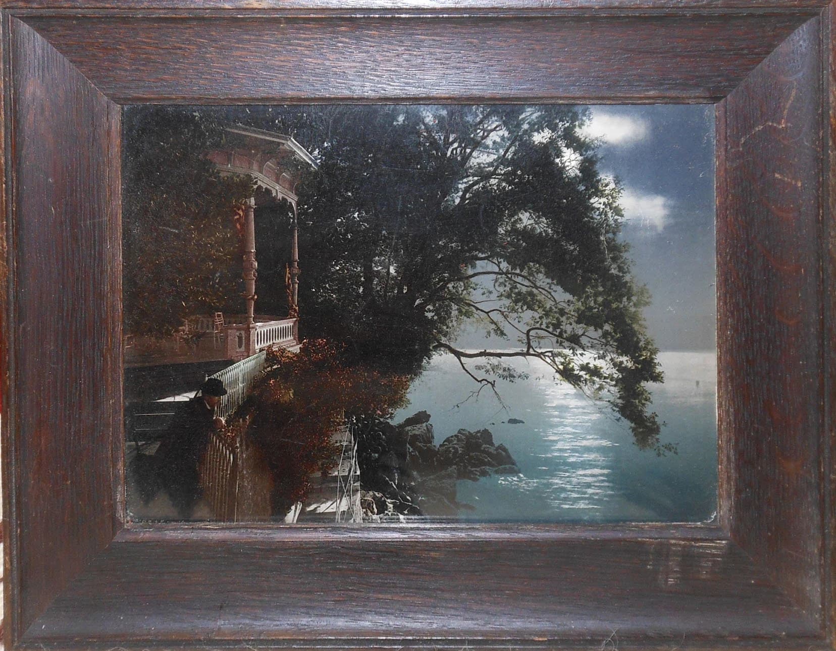 vintage American sea colored photo Bigelow and Jordan publishers house man on steps ocean view