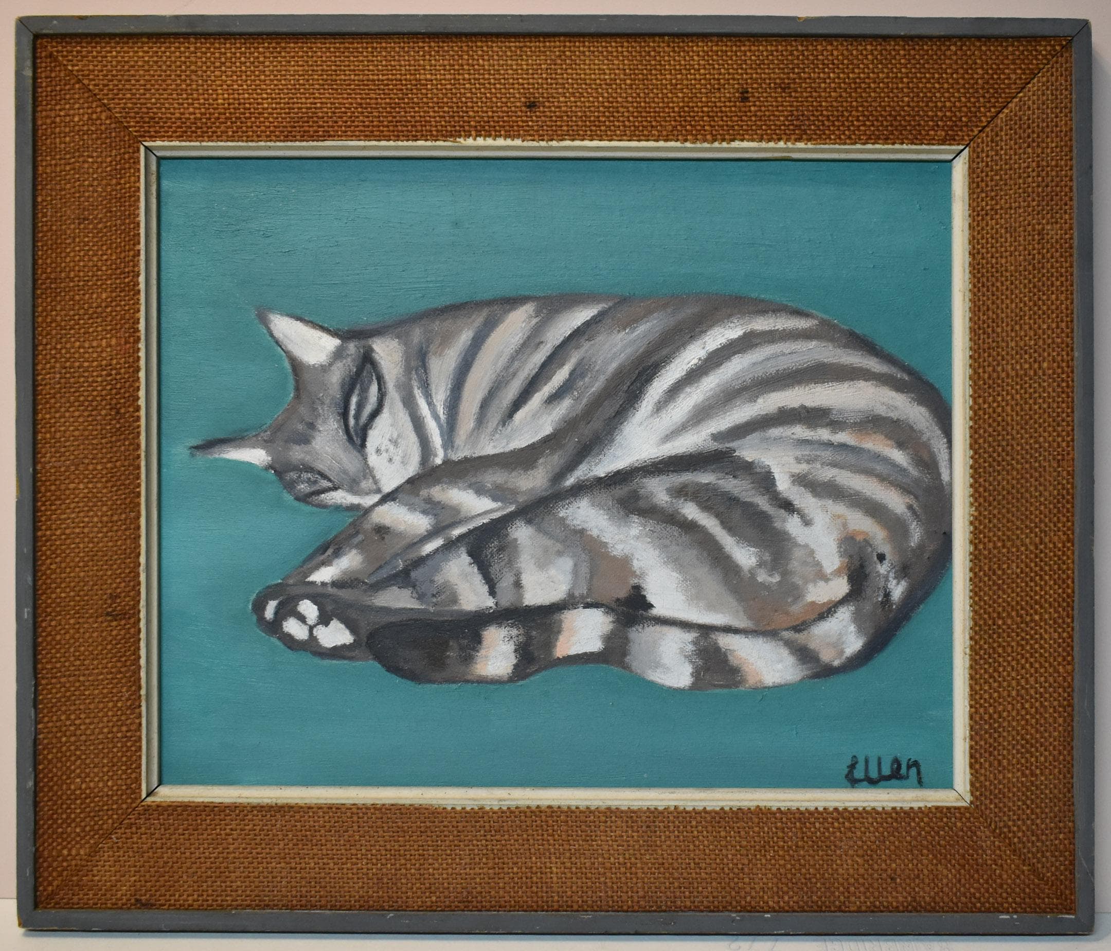 vintage folk art cat oil painting cat lying down artist signed - image 5