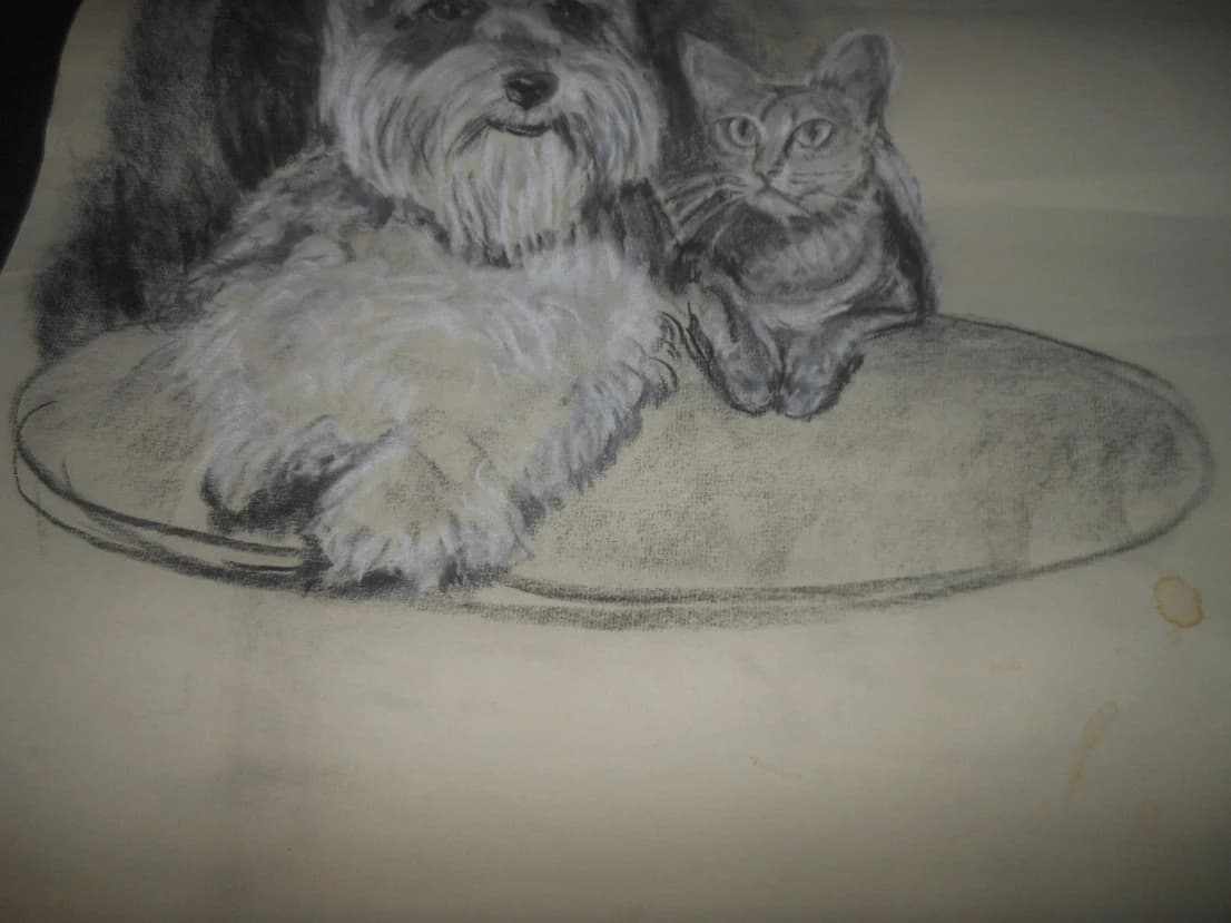 Vintage scotty westy dog and cat pastel - image 5