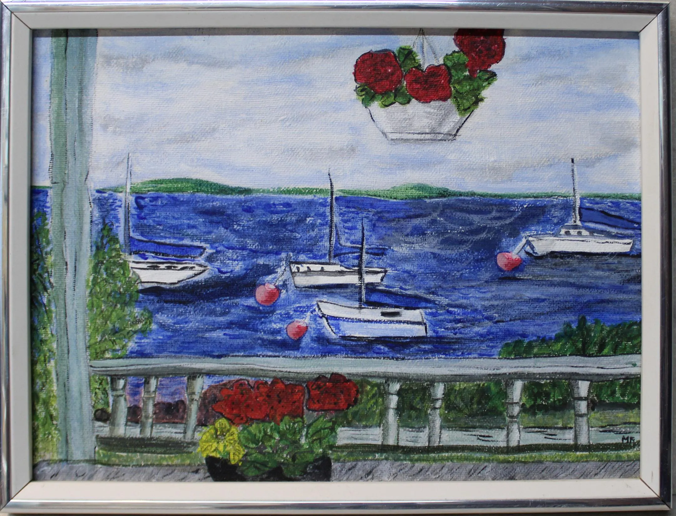vintage on the bay  oil painting of penobscot bay boats off porch artist signed - image 4