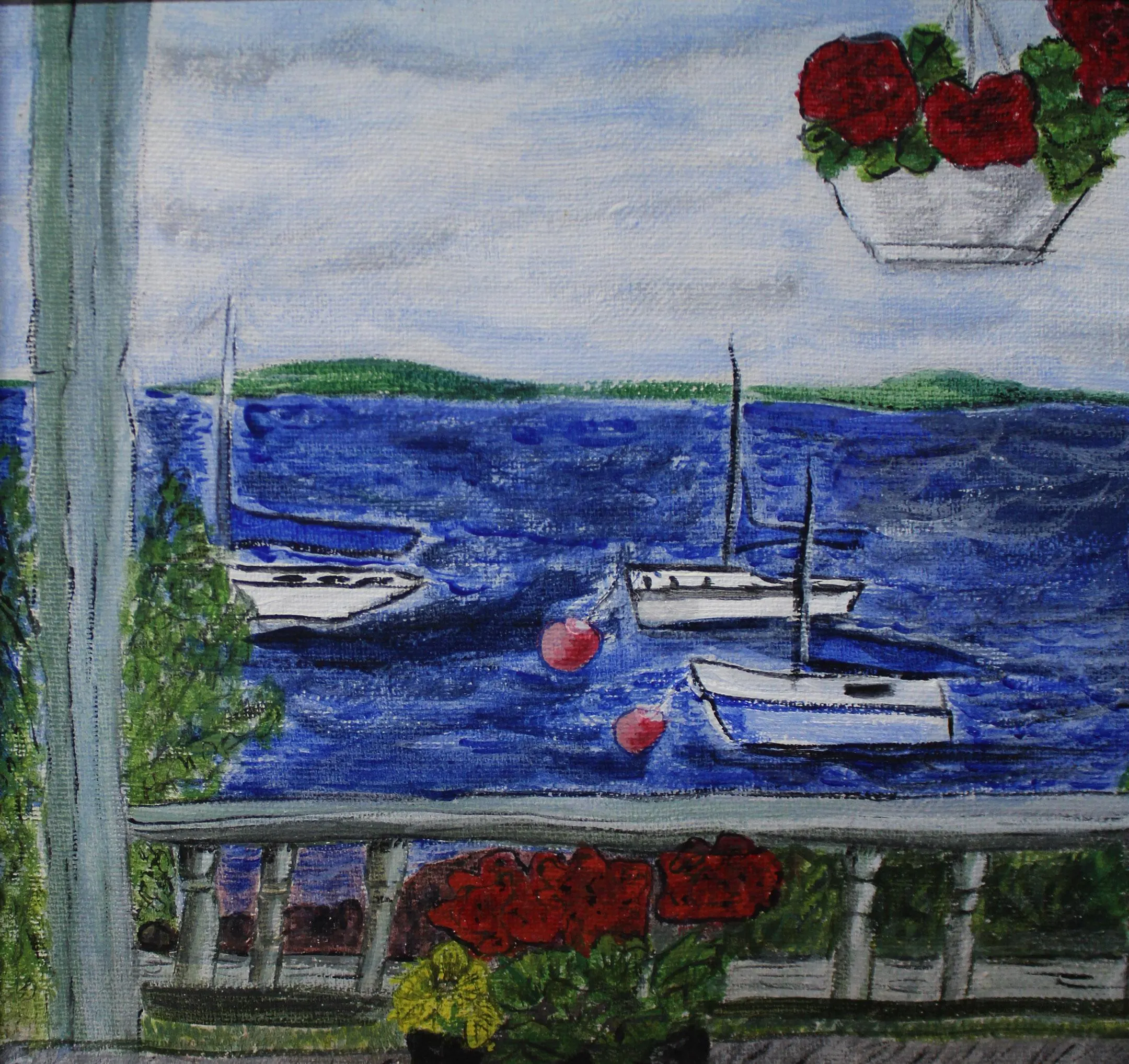 vintage on the bay  oil painting of penobscot bay boats off porch artist signed - image 5