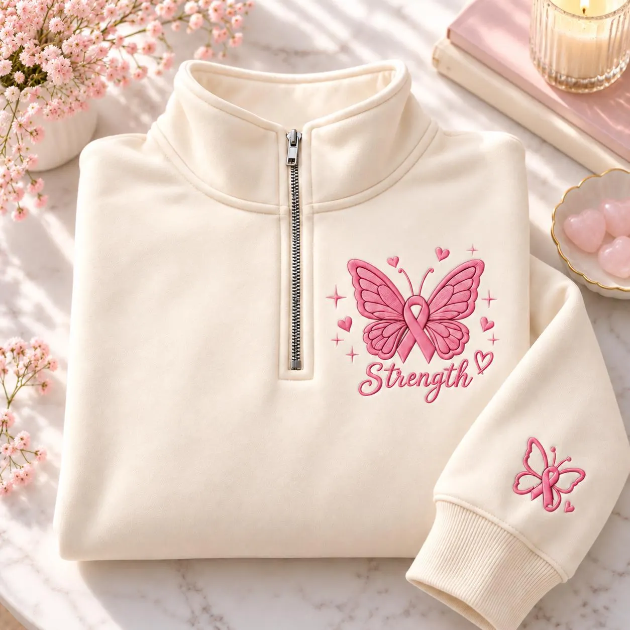 Embroidered Breast Cancer Quarter Zip, Pink Ribbon Sweatshirt, Butterfly Pullover, Survivor Gift, Awareness Shirt