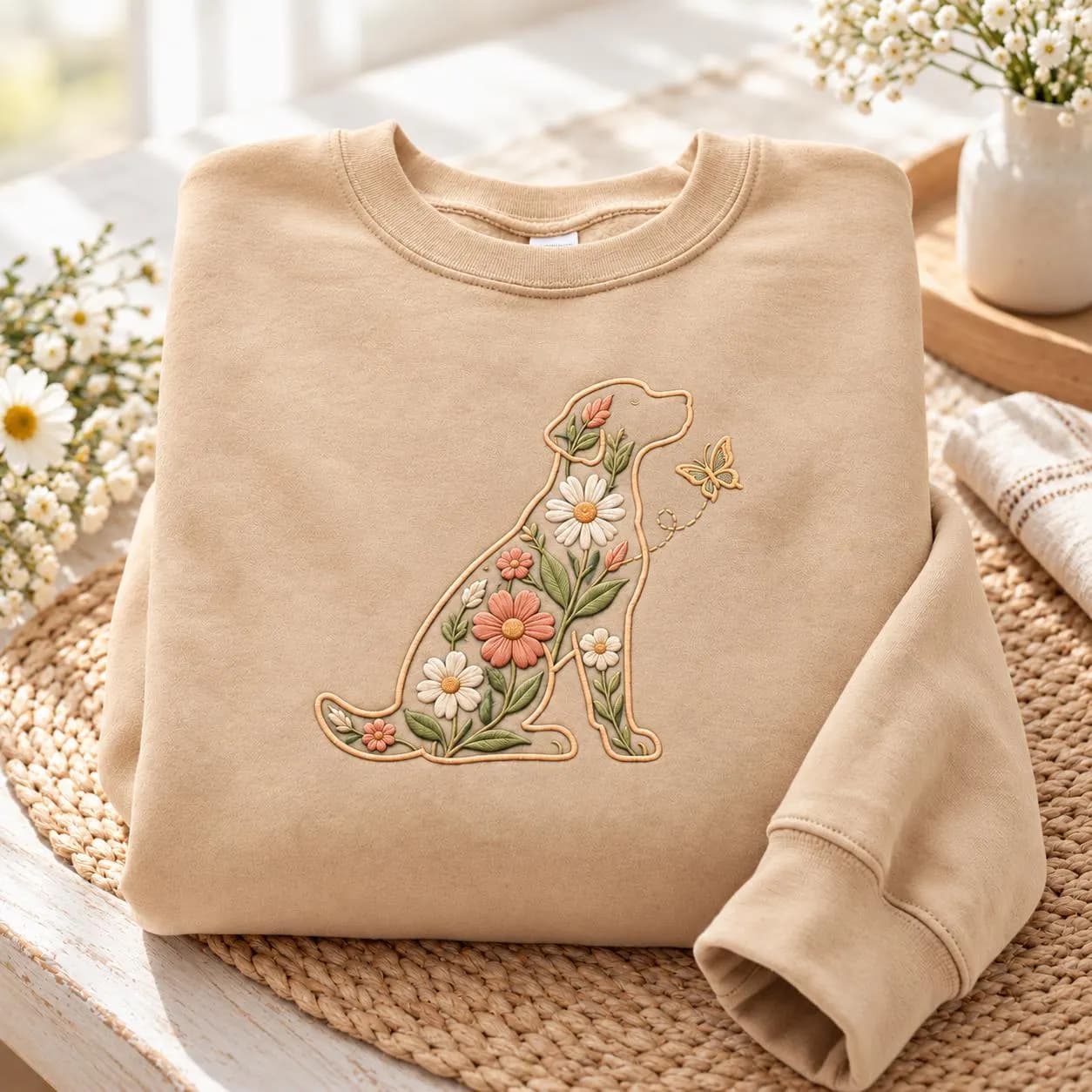 Embroidered Floral Dog Sweatshirt, Dog Crewneck, Dog Mom Gift, Dog Lover Gift, Cottagecore Dog Shirt, Pet Lover Sweatshirt