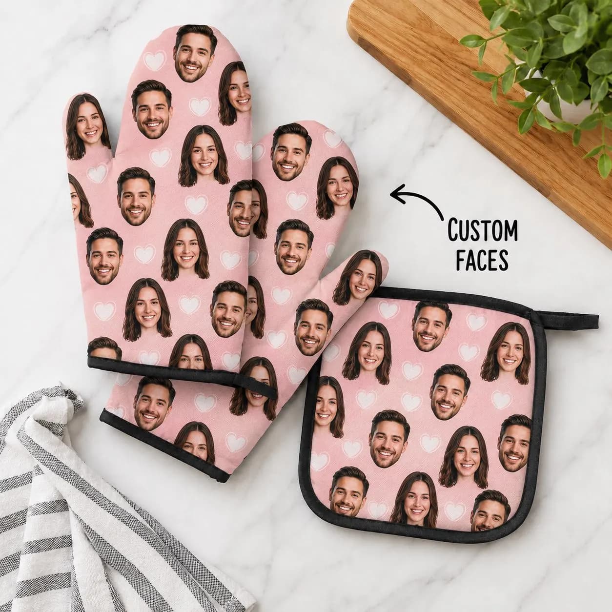 Custom Face Oven Mitt & Pot Holder Set, Personalized Couple Photo Oven Mitts, Funny Kitchen Gift, Anniversary Gift