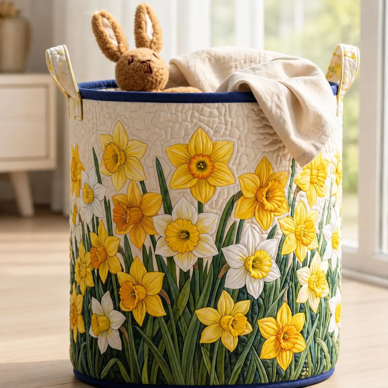 Spring Daffodil Quilted Laundry Basket, Yellow Floral Storage Bin, Nursery Toy Hamper, Cottagecore Decor, Gift for Mom