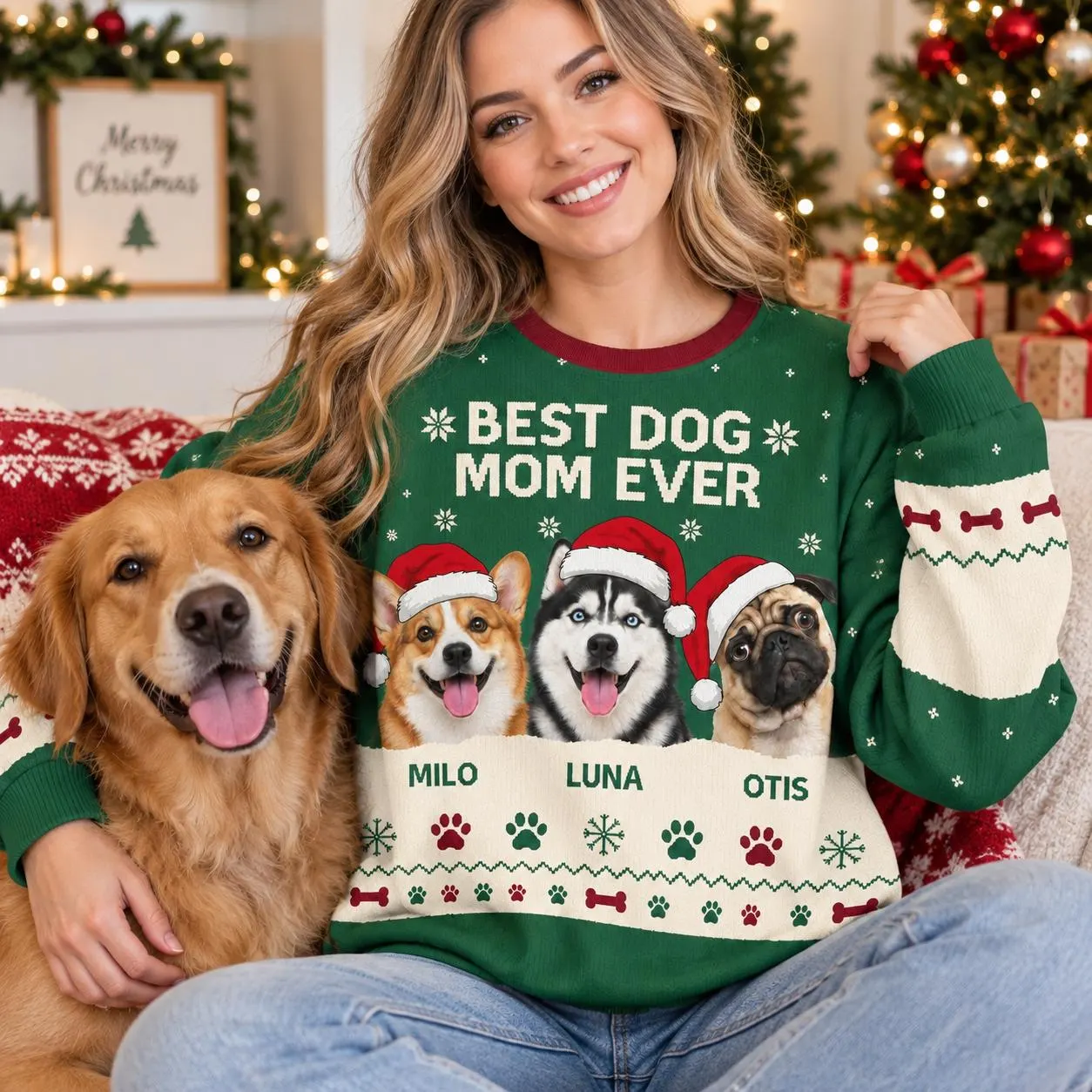 Personalized Dog Mom Ugly Christmas Sweater, Custom Pet Photo Sweater, Dog Lover Xmas Jumper, Custom Dog Name Gift, Pet Mom Gift