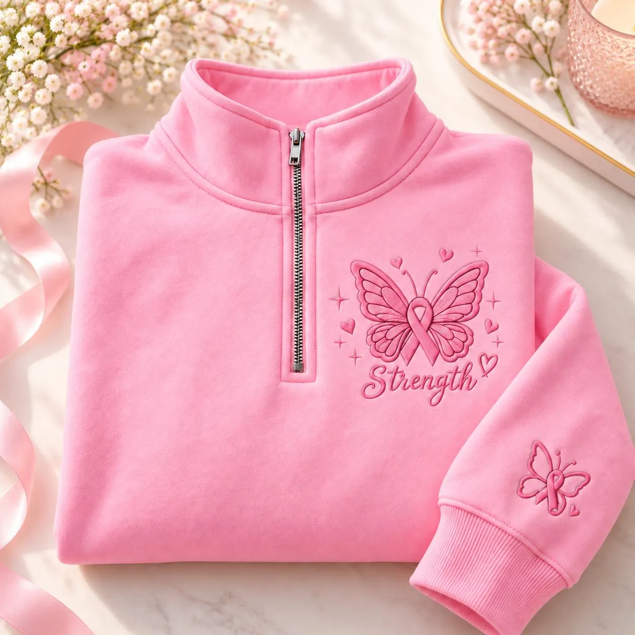 Embroidered Breast Cancer Quarter Zip, Pink Ribbon Sweatshirt, Butterfly Pullover, Survivor Gift, Awareness Shirt - image 3