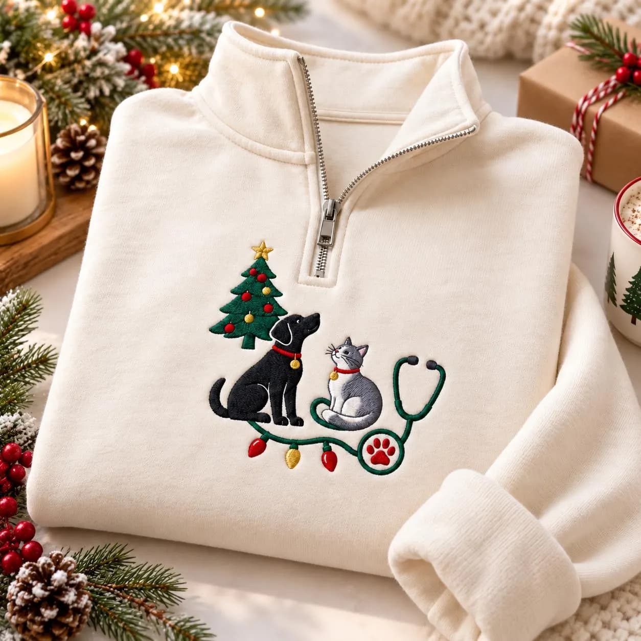 Christmas Vet Quarter Zip, Embroidered Dog Cat Sweatshirt, Veterinarian Gift, Vet Tech Pullover, Pet Lover Christmas Sweater
