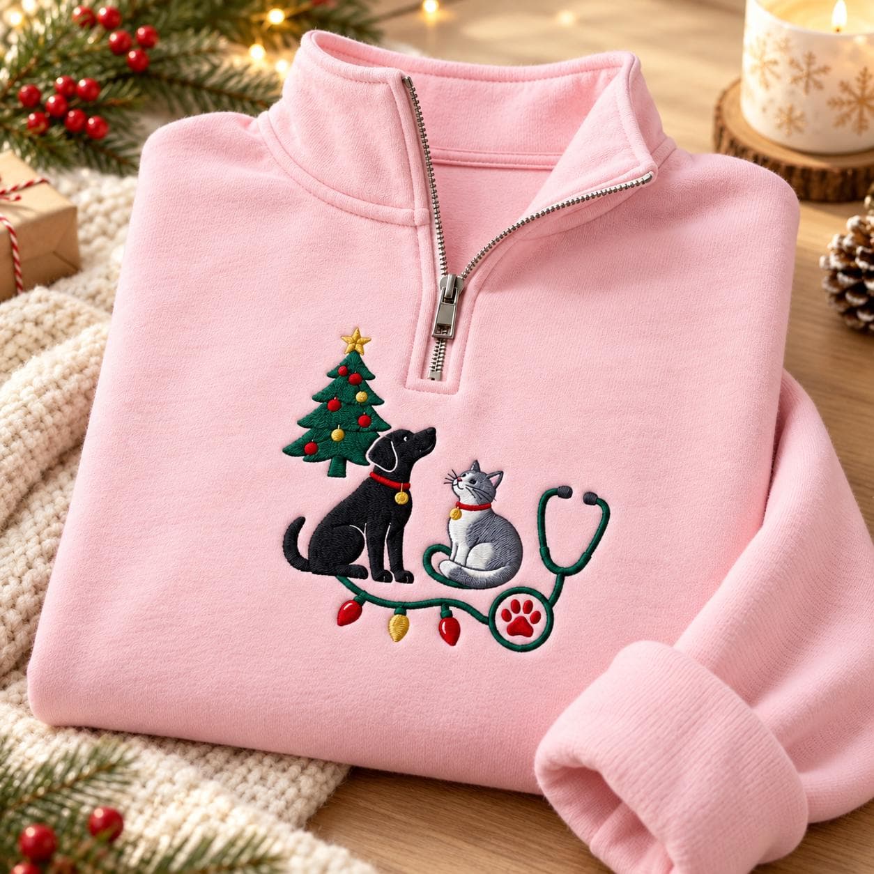 Christmas Vet Quarter Zip, Embroidered Dog Cat Sweatshirt, Veterinarian Gift, Vet Tech Pullover, Pet Lover Christmas Sweater - image 3