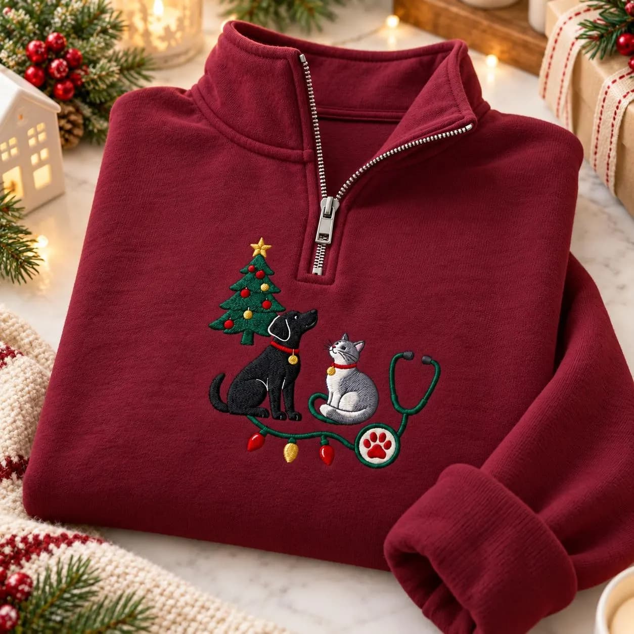 Christmas Vet Quarter Zip, Embroidered Dog Cat Sweatshirt, Veterinarian Gift, Vet Tech Pullover, Pet Lover Christmas Sweater - image 4