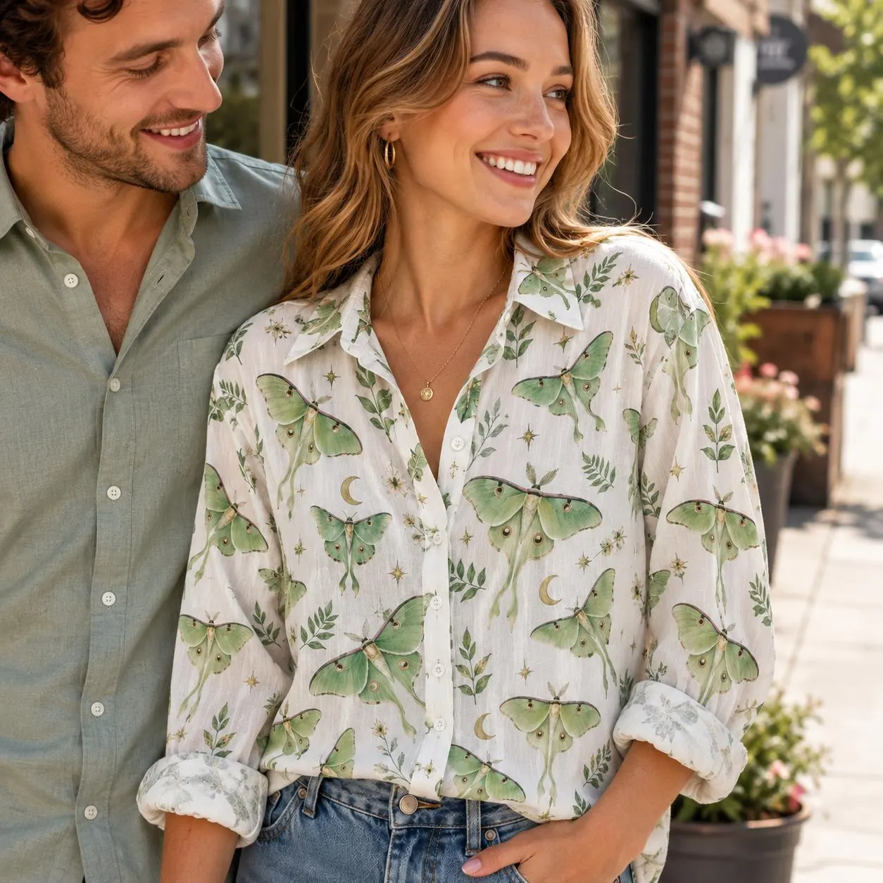 Luna Moth Blouse Shirt, Cottagecore Botanical Button Down, Celestial Floral Shirt, Witchy Long Sleeve Top, Nature Lover Gift - image 4