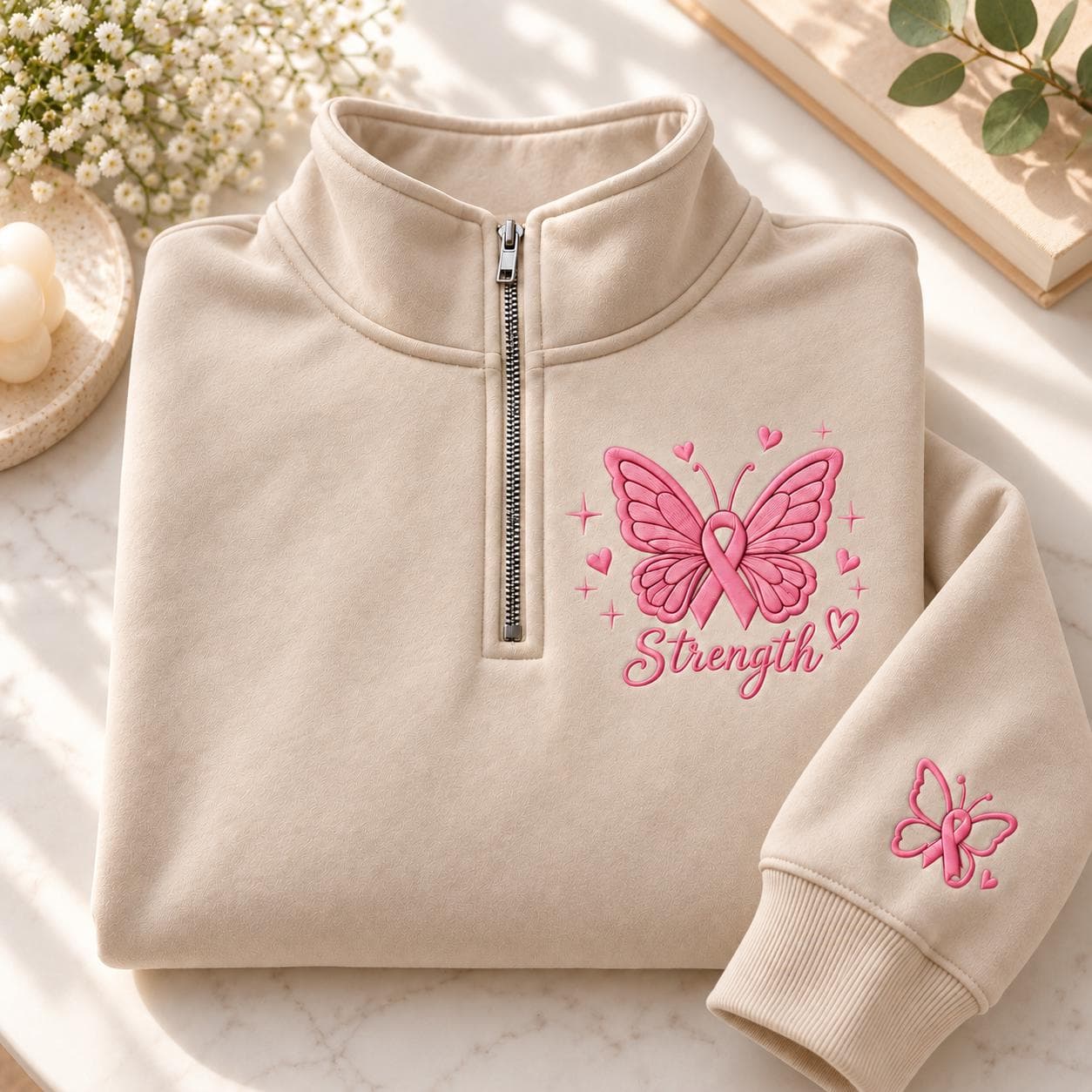 Embroidered Breast Cancer Quarter Zip, Pink Ribbon Sweatshirt, Butterfly Pullover, Survivor Gift, Awareness Shirt - image 4