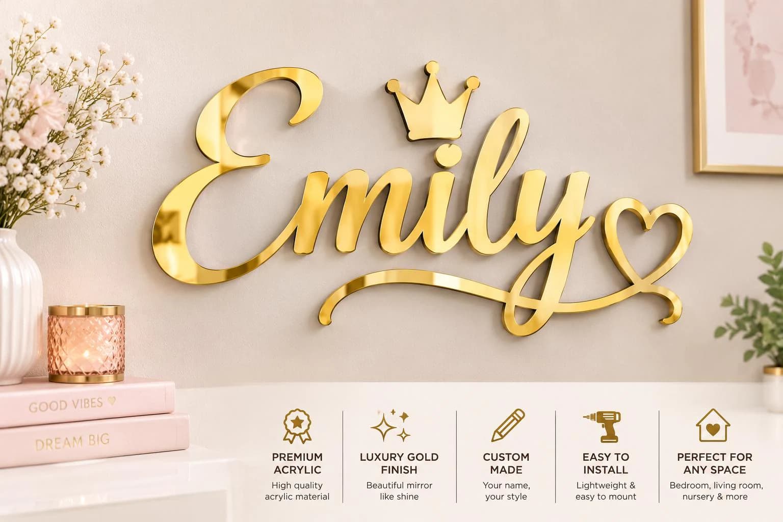 Personalized Name Nursery Wall Decor, Baby Room Plaque Custom Mirror Name Sign - image 4