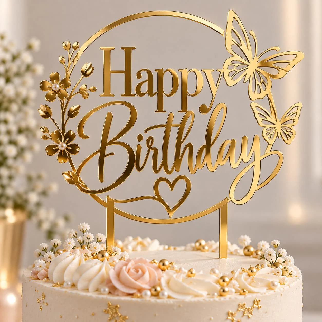 Happy Birthday Cake Topper – Personalised Gold Acrylic Cake Decoration