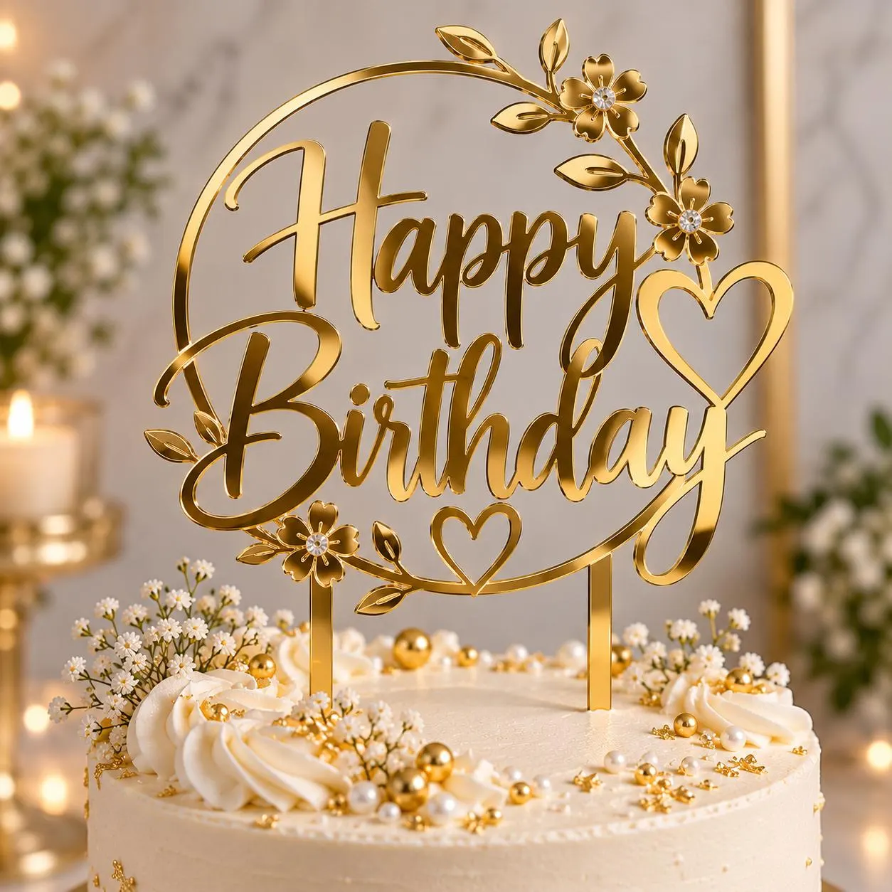 Happy Birthday Cake Topper – Personalised Gold Acrylic Cake Decoration - image 4