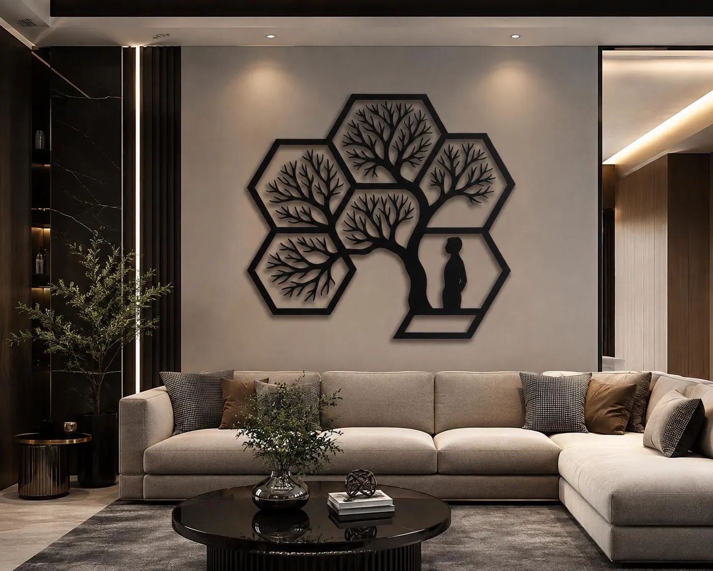 Tree of Life Hexagon Wall Art, Geometric Family Tree Decor, Modern Living Room Accent
