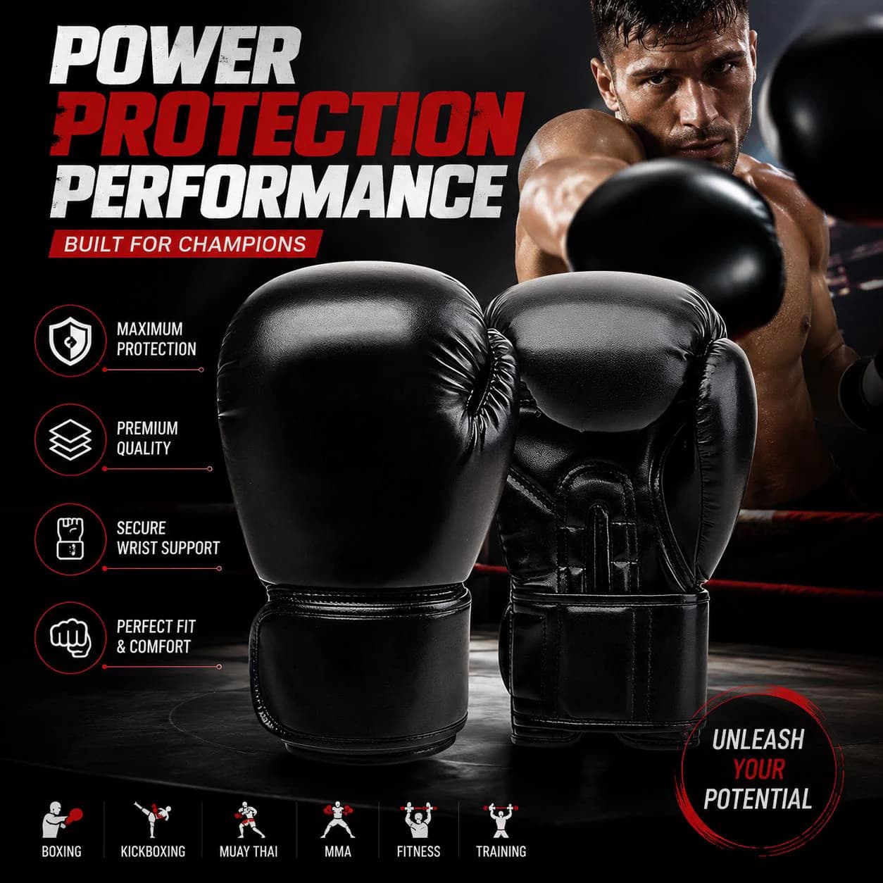 Black Boxing Gloves for Training, Sparring, Muay Thai, Kickboxing, MMA - image 3