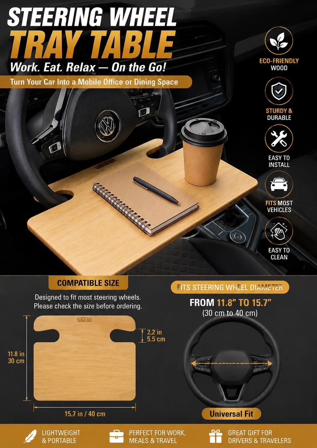Wooden Steering Wheel Tray Table: Portable Car Desk for Work, Meals (Fits Most Vehicles) - image 2