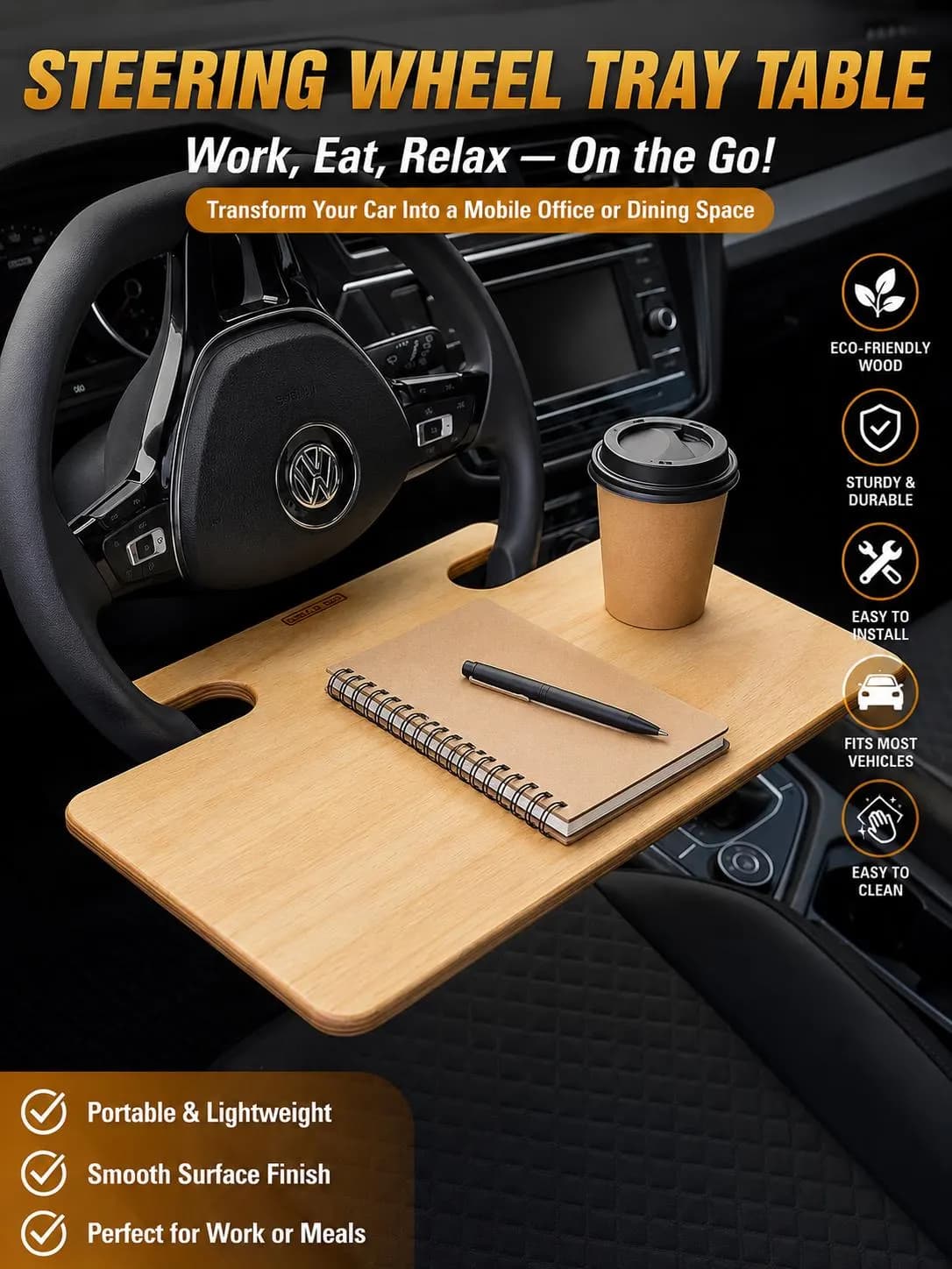 Wooden Steering Wheel Tray Table: Portable Car Desk for Work, Meals (Fits Most Vehicles)