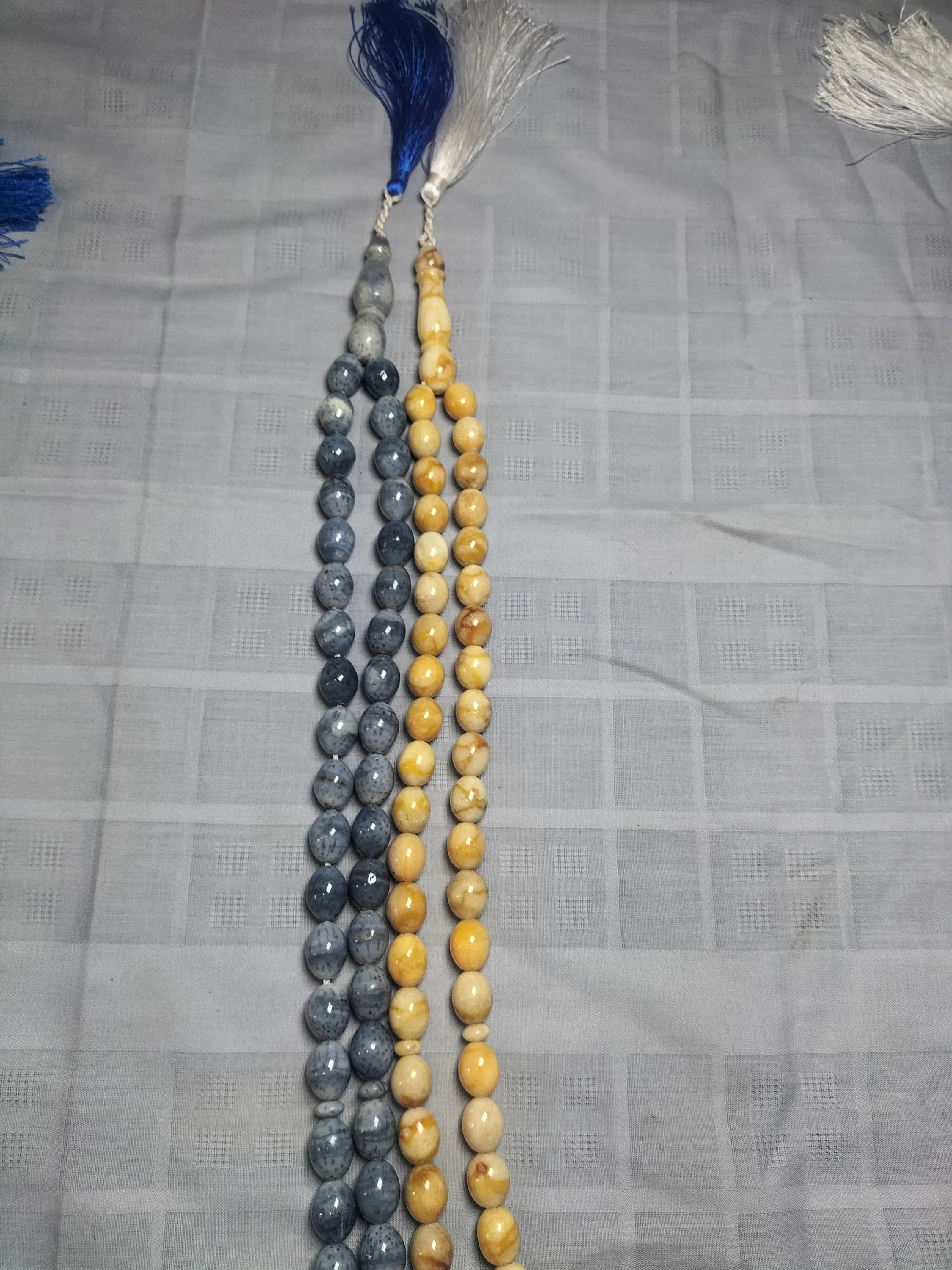 Egg-Shaped Coral Tasbih Prayer Beads, Yellow & Blue-Gray Islamic Misbaha (10-13mm)