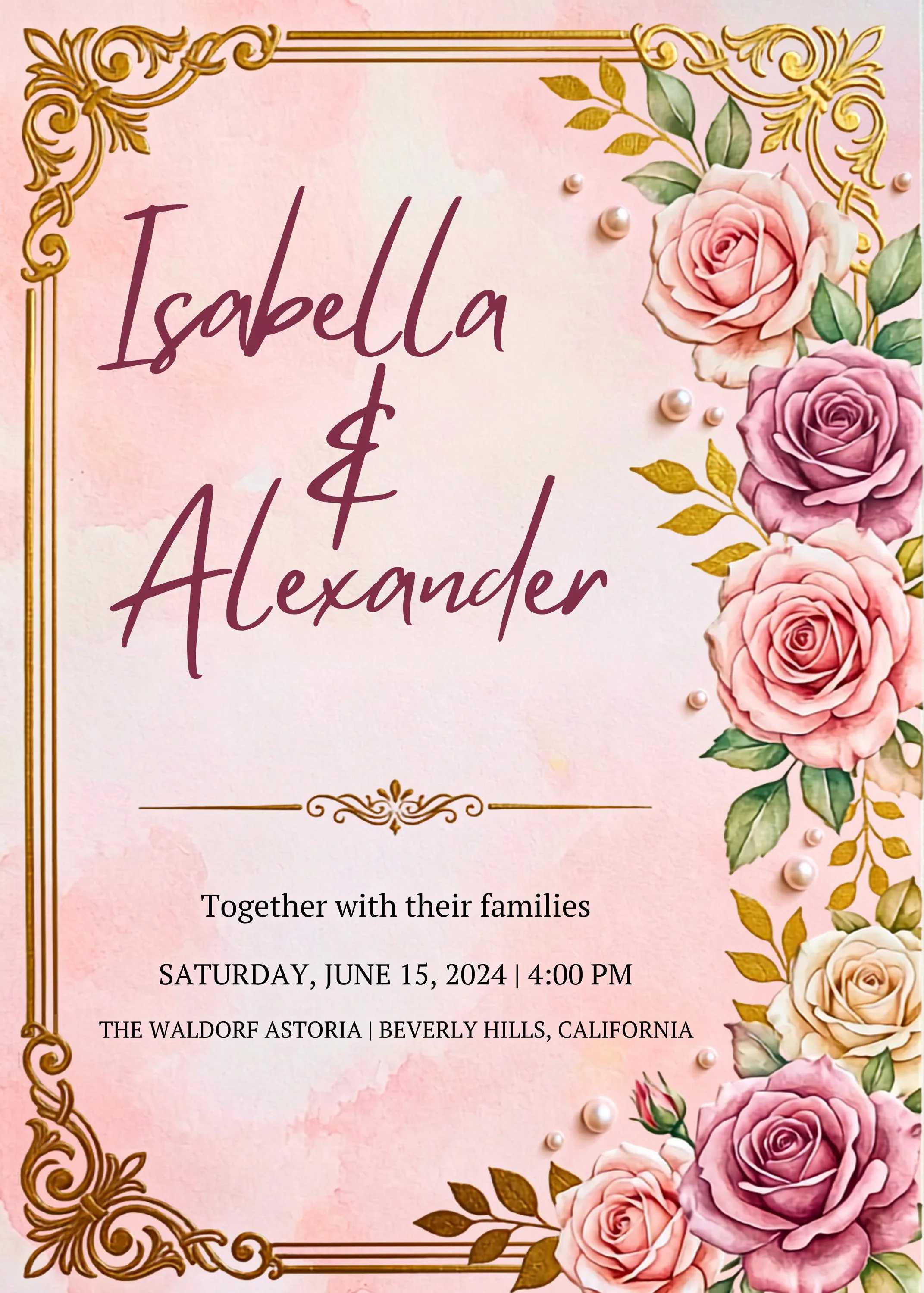 Blush Floral Wedding Invitation Suite. 4 Piece Gold Canva Template. Editable Watercolor Invite Set - image 4
