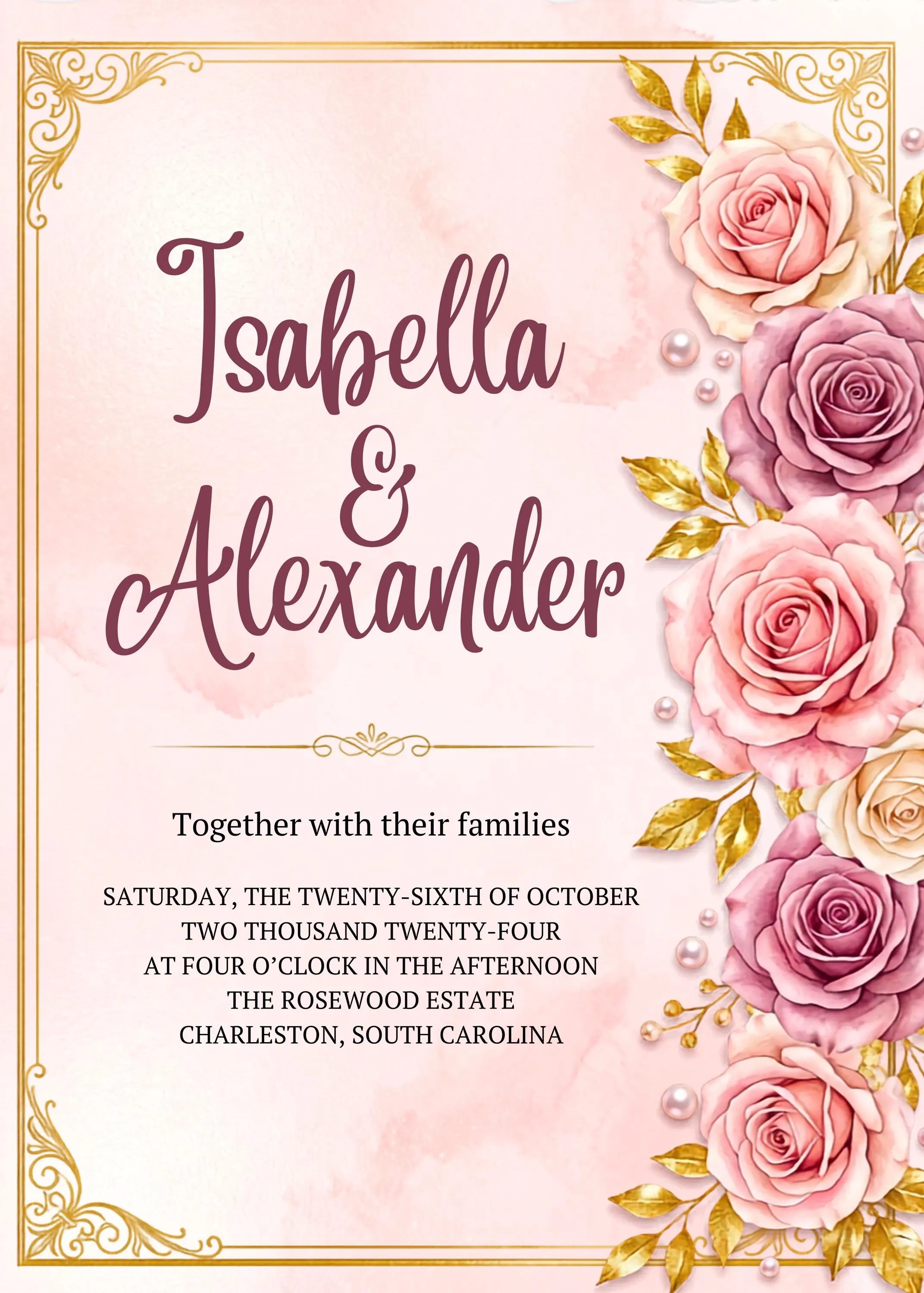 Blush Floral Wedding Invitation Suite. 4 Piece Gold Canva Template. Editable Watercolor Invite Set