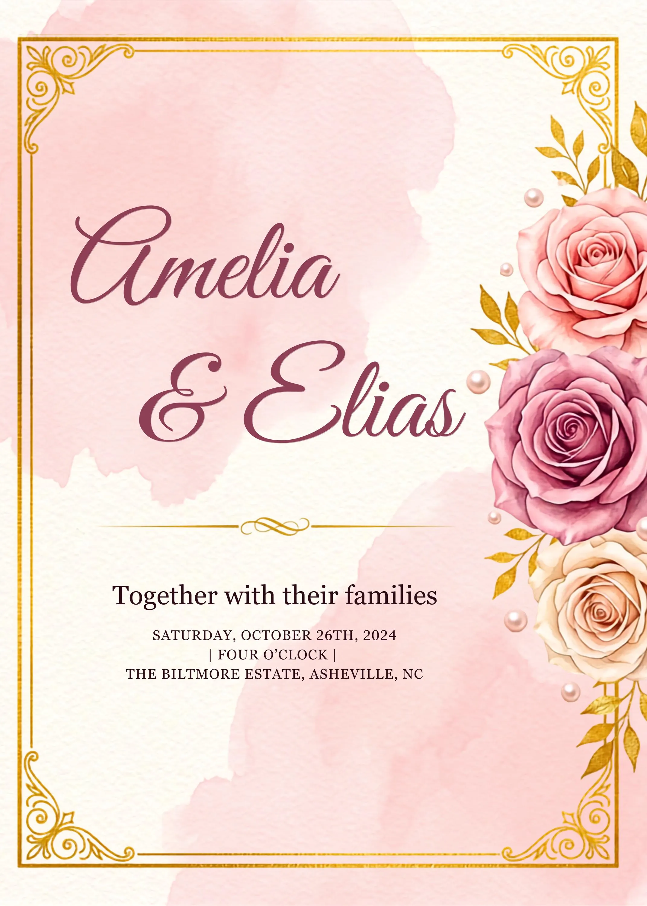 Blush Floral Wedding Invitation Suite. 4 Piece Gold Canva Template. Editable Watercolor Invite Set - image 5