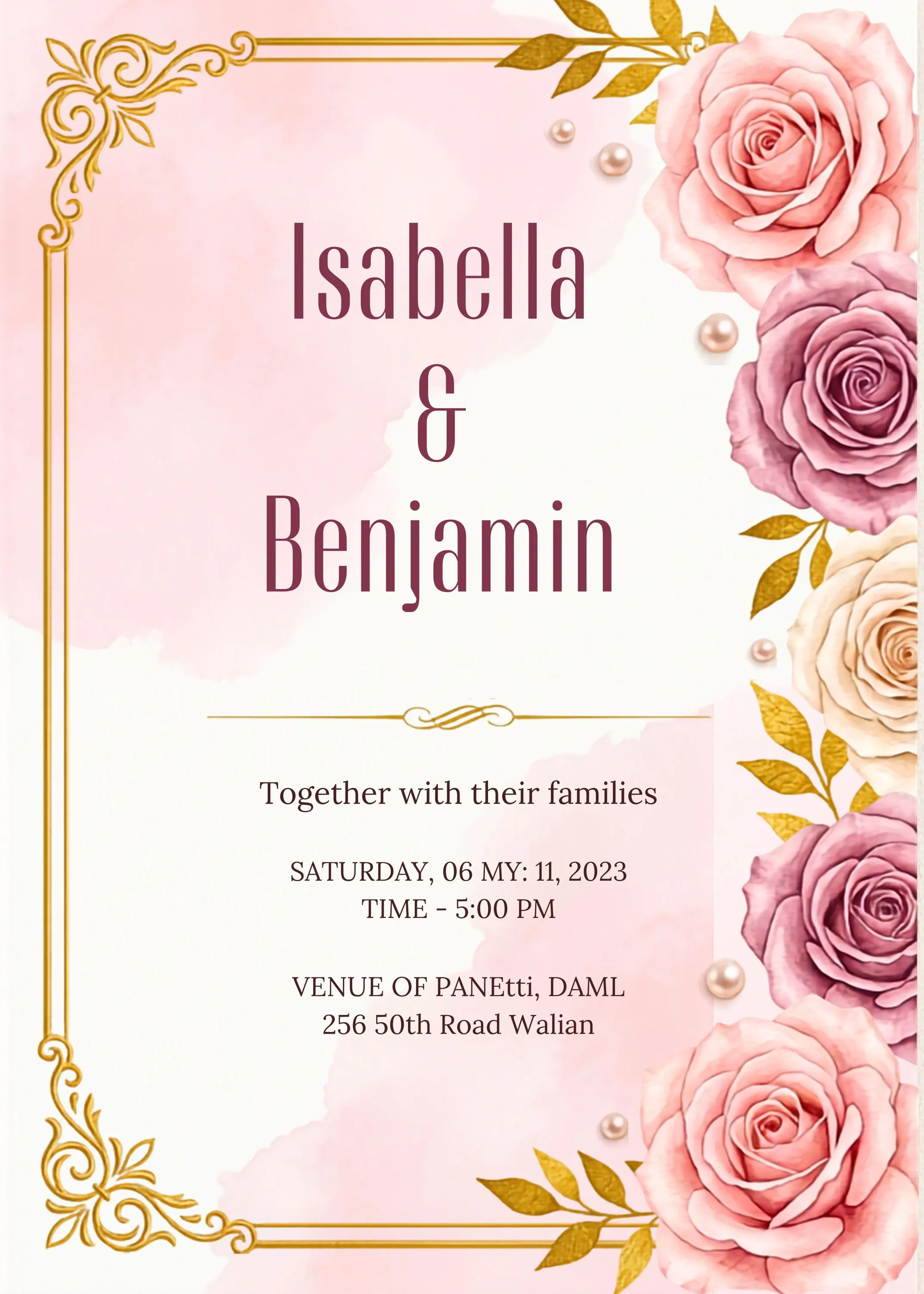 Blush Floral Wedding Invitation Suite. 4 Piece Gold Canva Template. Editable Watercolor Invite Set - image 3