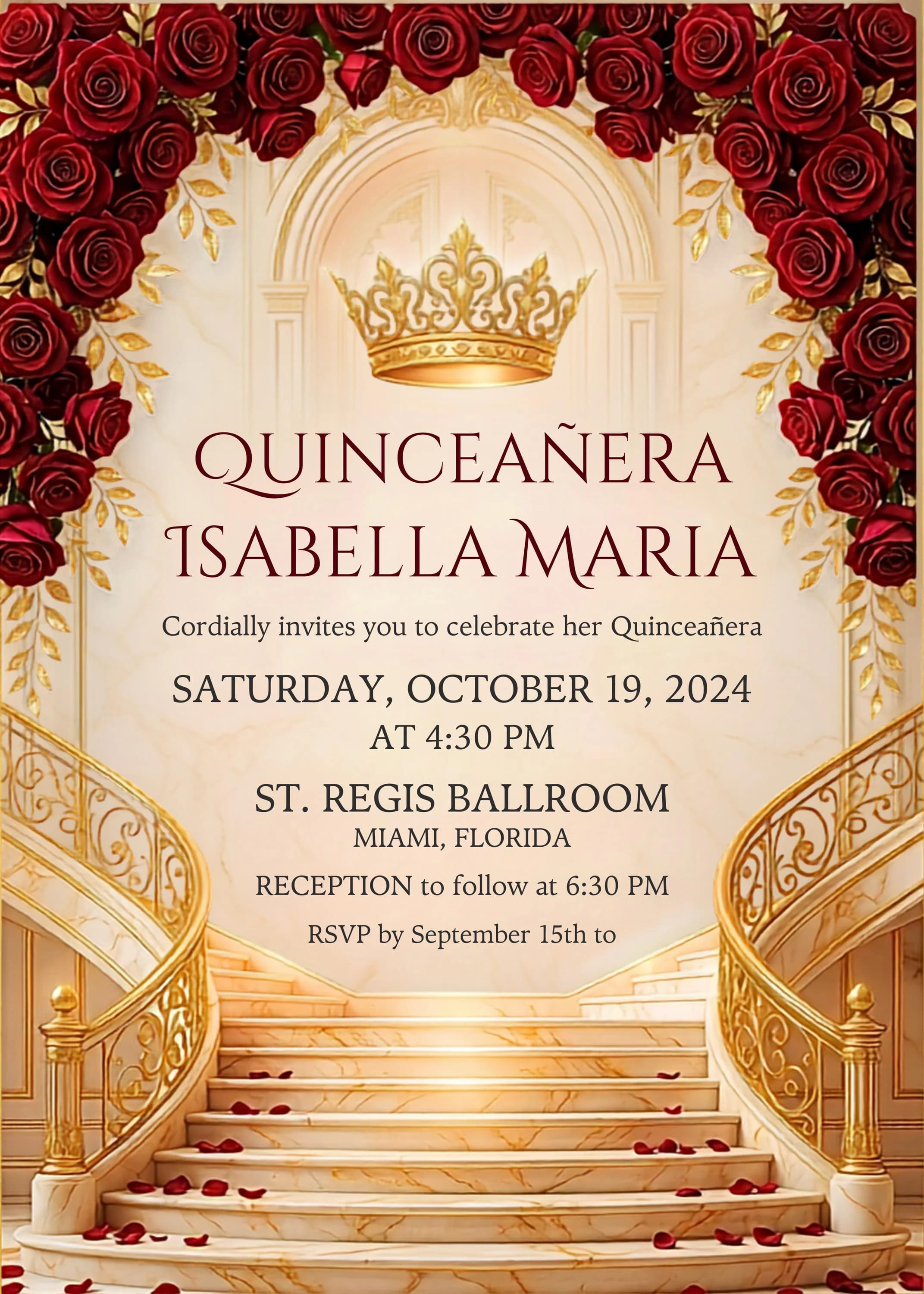 Luxury Red Gold Quinceañera Invitation Suite | Elegant Roses, Marble (Digital Download)