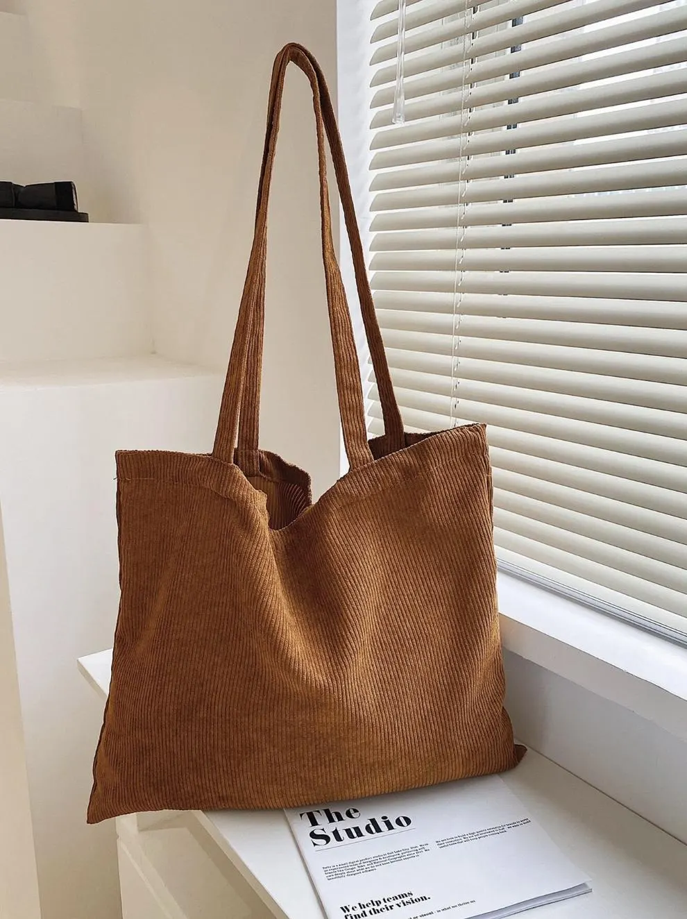 Brown Corduroy Tote Bag with Zipper | Spacious Commuter Shoulder Bag