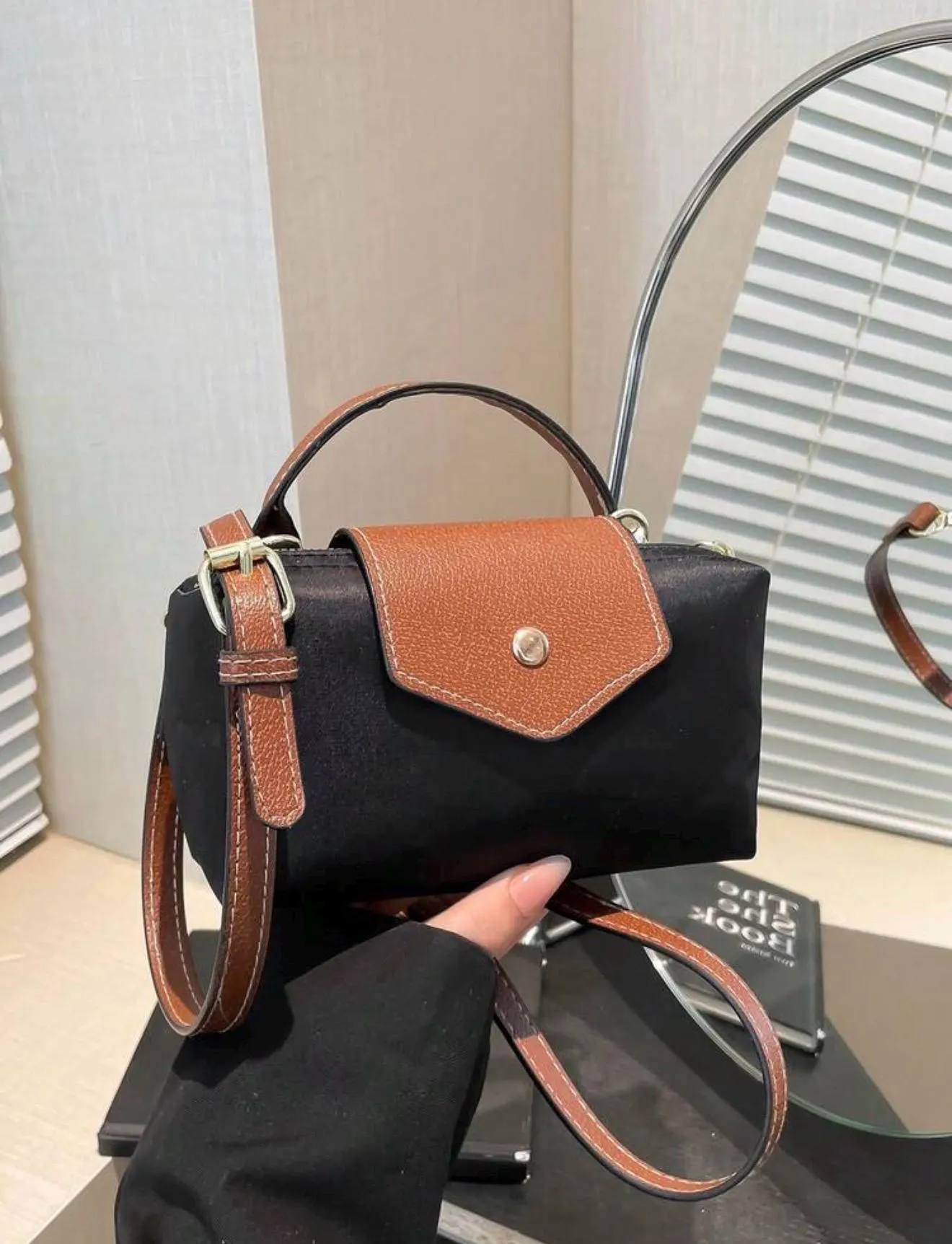 Chic Mini Crossbody Bag: Cream/Brown, Gold-Tone Hardware, Top Handle Purse - image 5