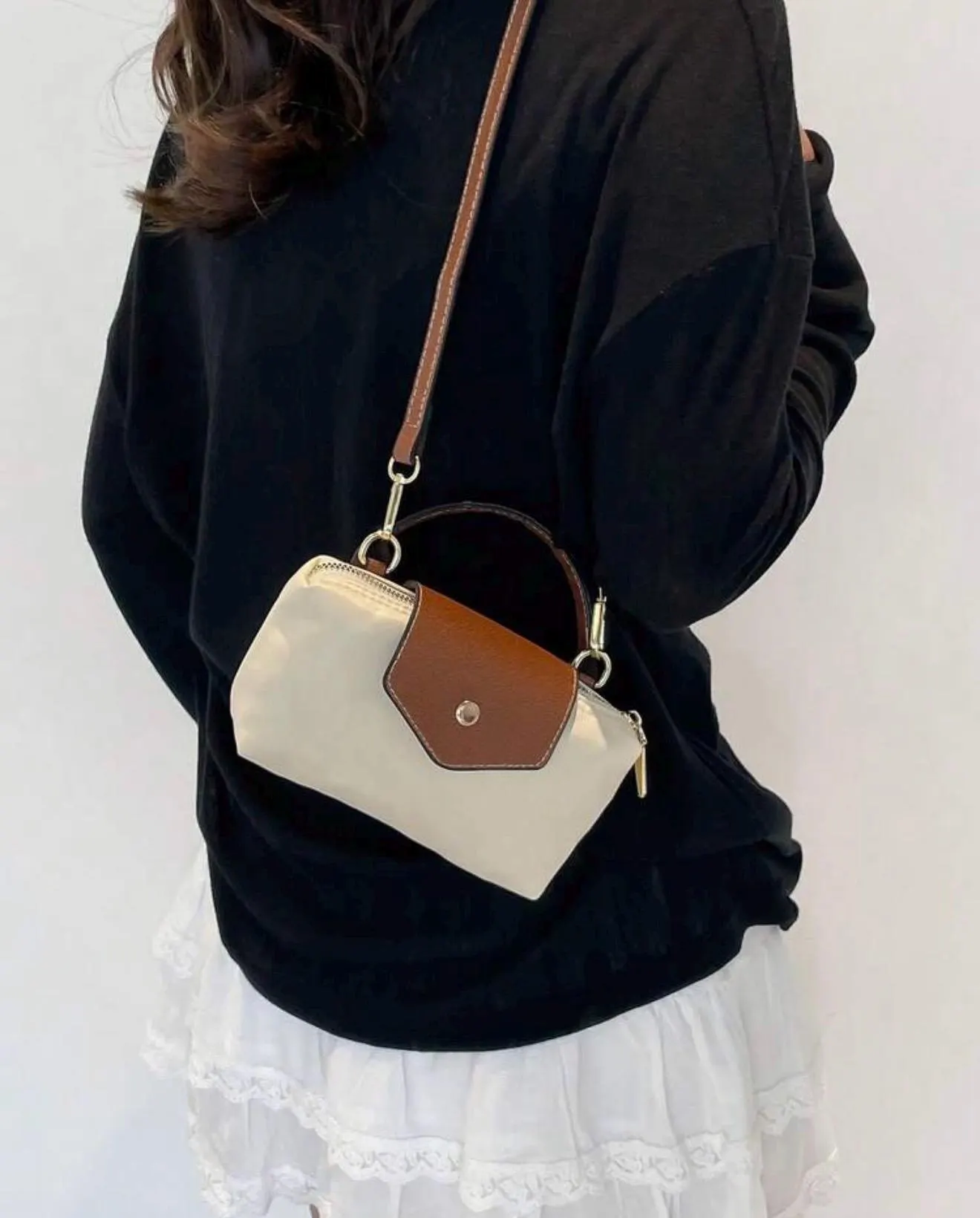 Chic Mini Crossbody Bag: Cream/Brown, Gold-Tone Hardware, Top Handle Purse