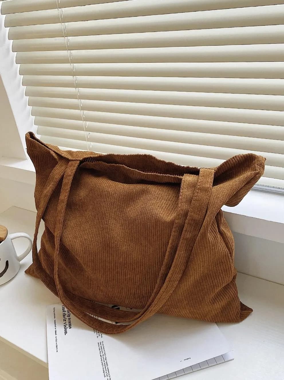 Brown Corduroy Tote Bag with Zipper | Spacious Commuter Shoulder Bag - image 3