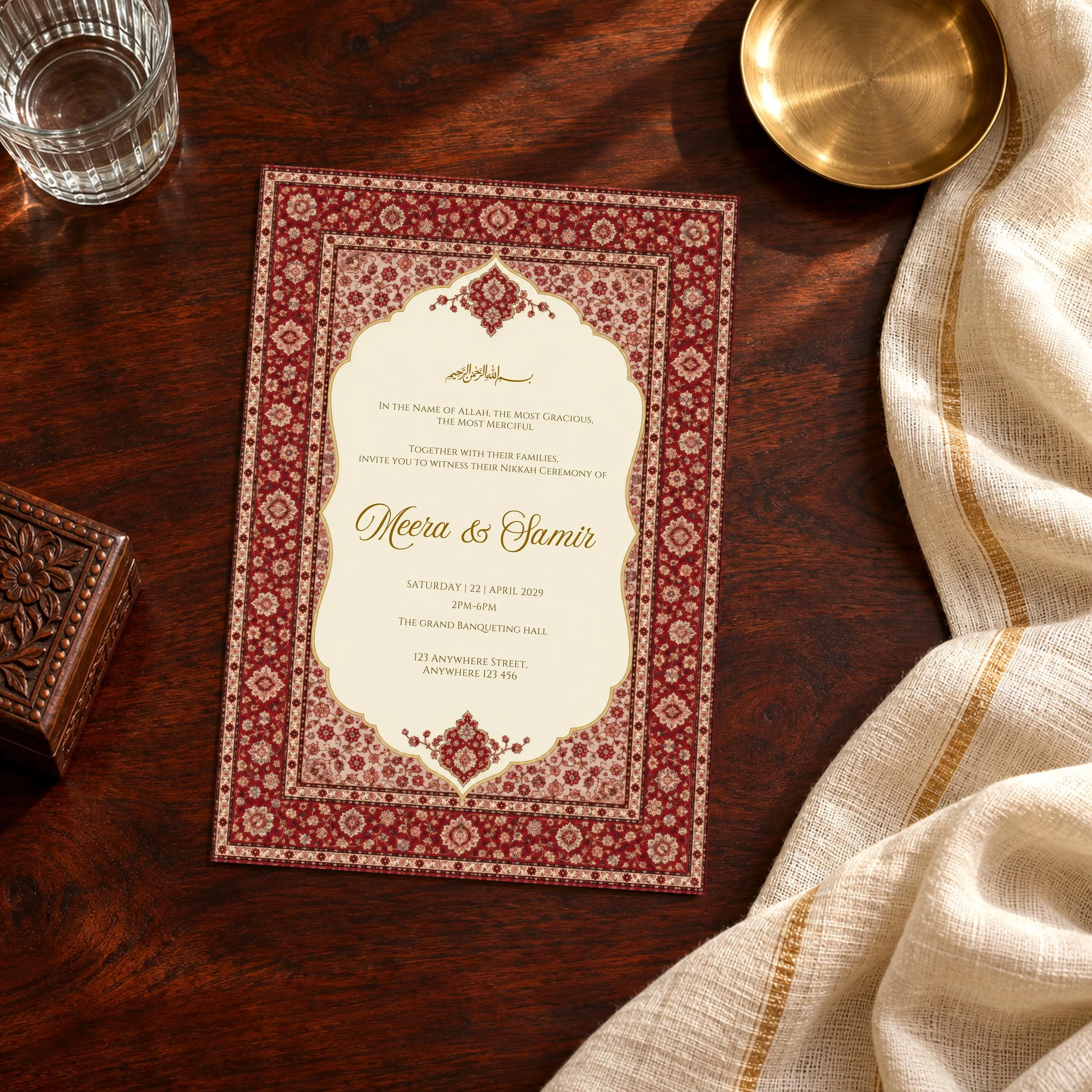 Gold Burgundy Nikkah Invitation, Islamic Wedding Invite Card, Red Persian Carpet, Walima Announcement, Editable Canva Template, SAFIRA - image 4