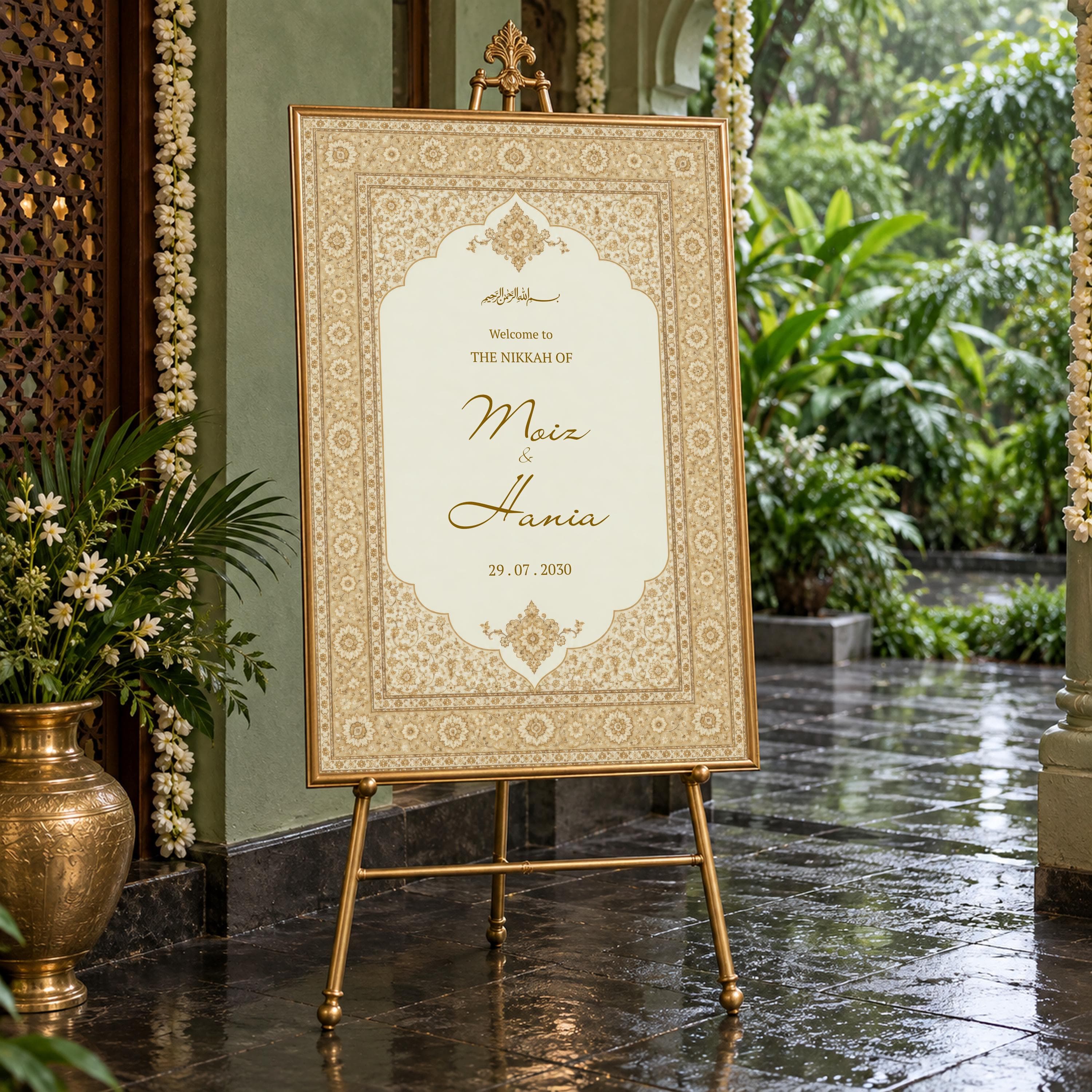 Gold Nikkah Welcome Sign, Islamic Wedding Reception Board, Persian Carpet, Walima Decor, Editable Canva Template, FARIDA