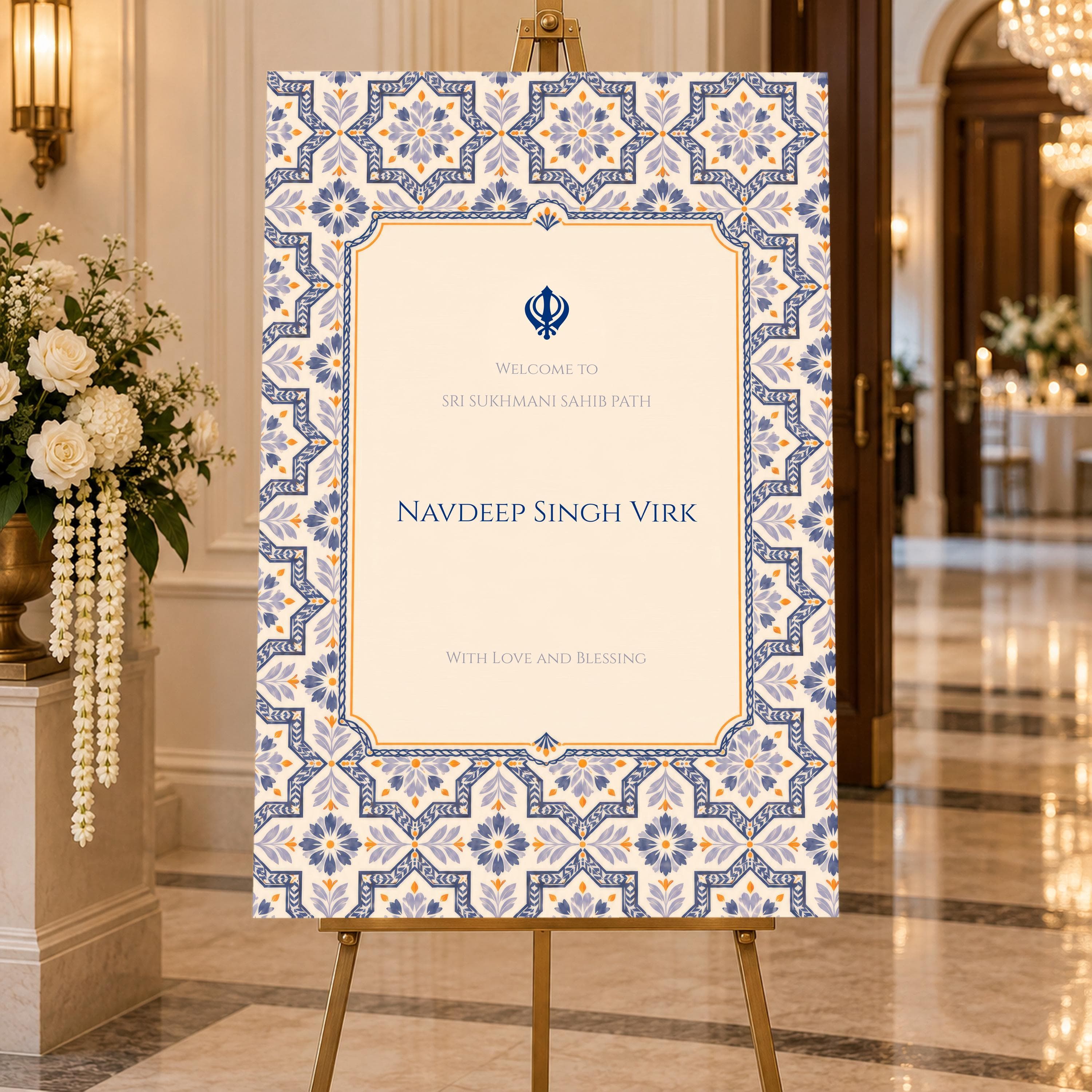 Navy Blue Sukhmani Sahib Path Welcome Sign, Sikh Ceremony Entrance Board, Mughal Tile, Anand Karaj Decor, Editable Canva Template, SIMRAN