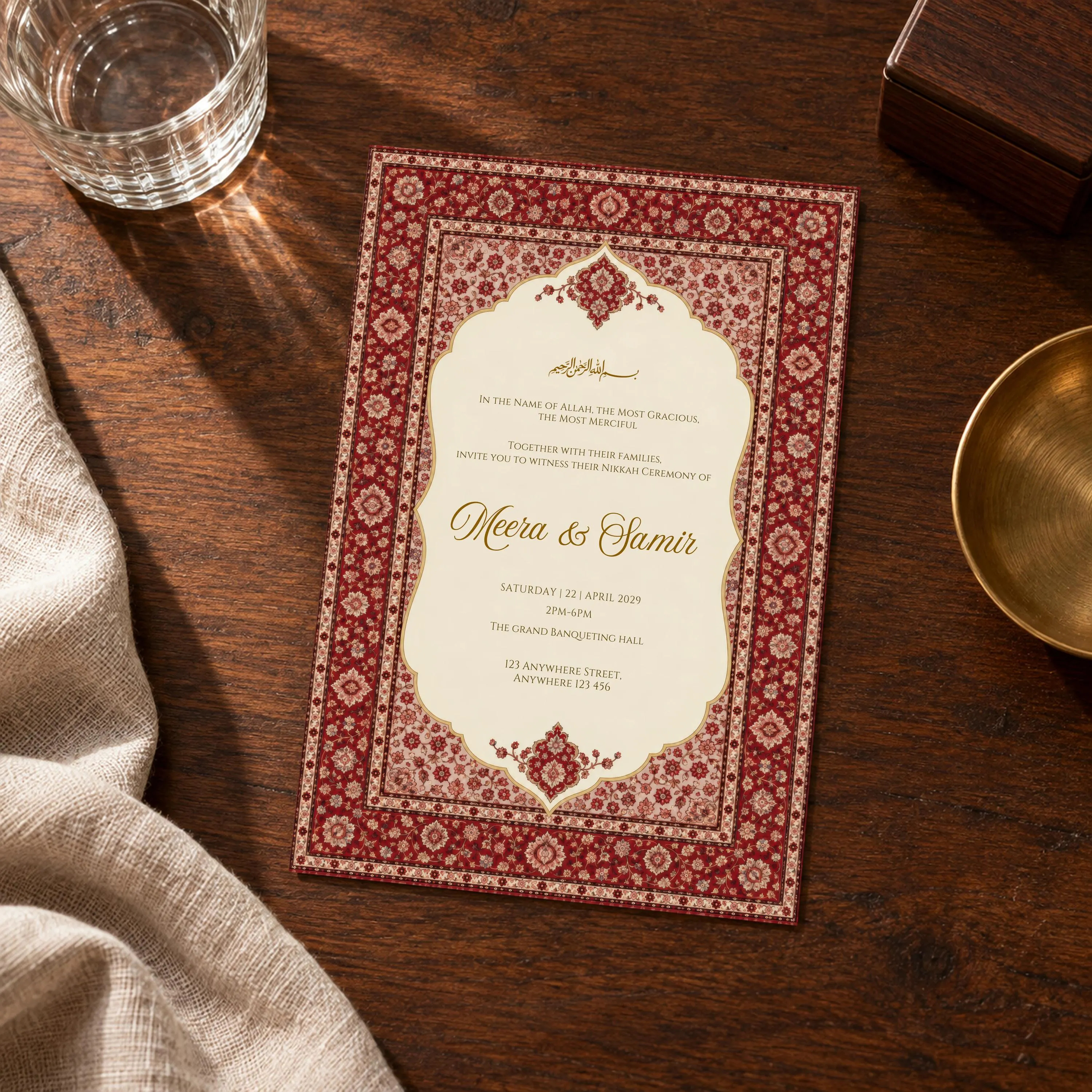 Gold Burgundy Nikkah Invitation, Islamic Wedding Invite Card, Red Persian Carpet, Walima Announcement, Editable Canva Template, SAFIRA - image 3