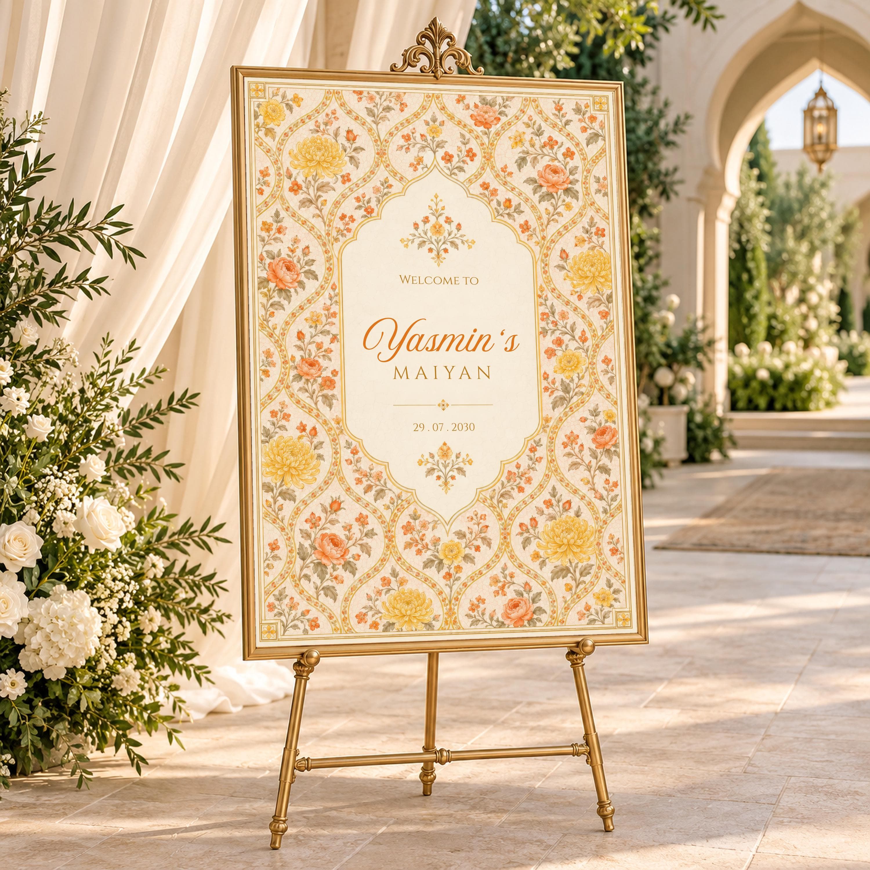Yellow Mughal Floral Maiyan Welcome Sign, Punjabi Wedding Reception Board, Lattice Design, Mehndi Decor, Editable Canva Template, NADIA