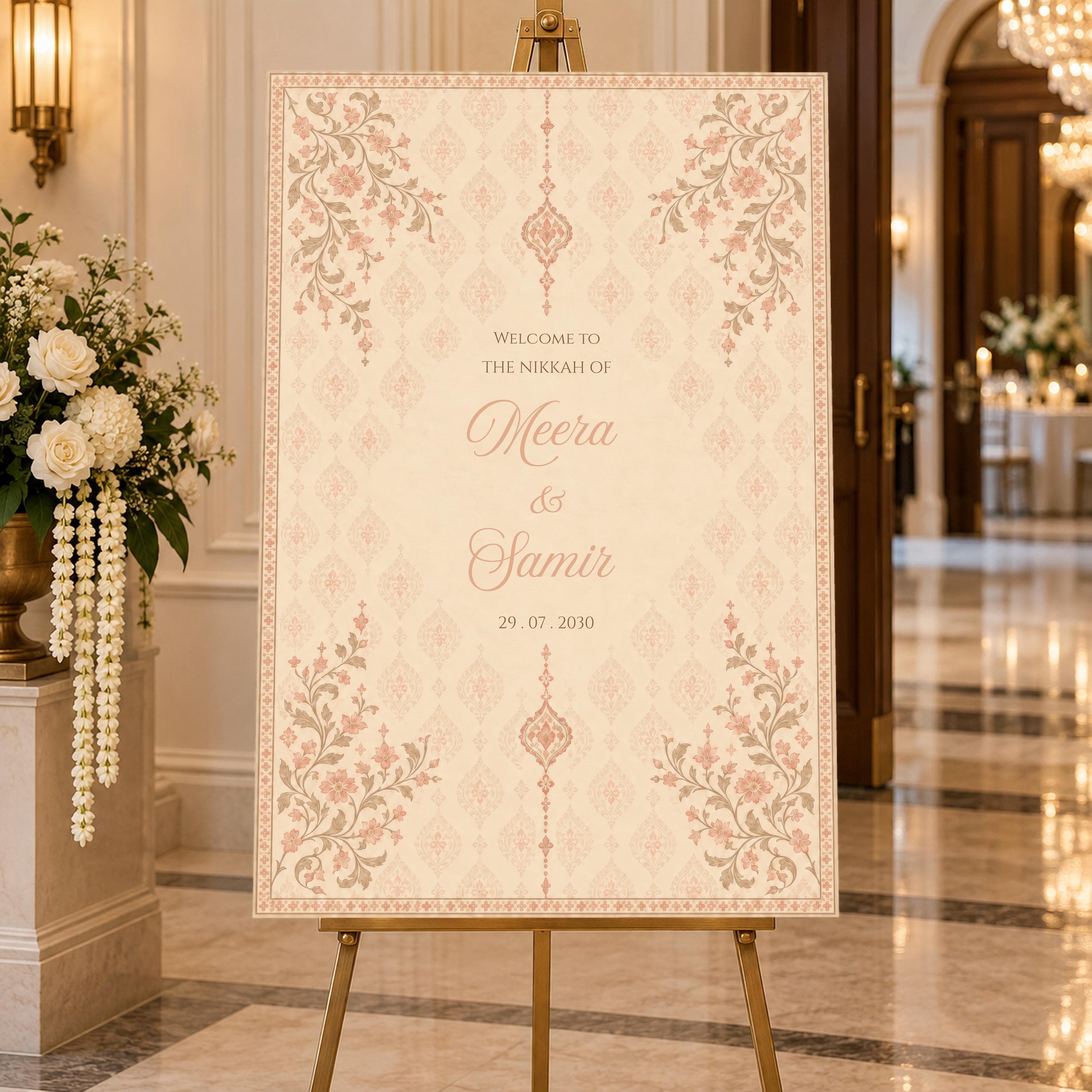 Taupe Brown Nikkah Welcome Sign, Islamic Wedding Entrance Board, Arabesque Medallion, Walima Decor, Editable Canva Template, KAMILA - image 3