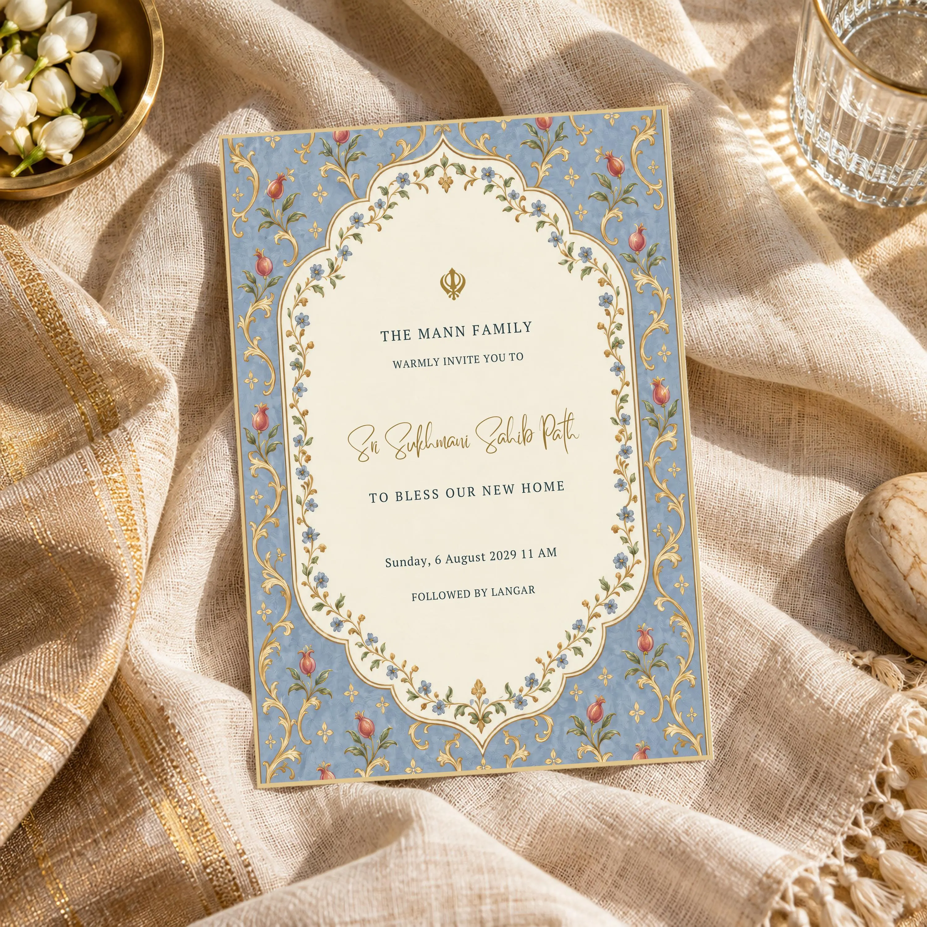Blue Sukhmani Sahib Path Invitation, Sikh Ceremony Invite Card, Scalloped Arch, Editable Canva Template, SEERAT