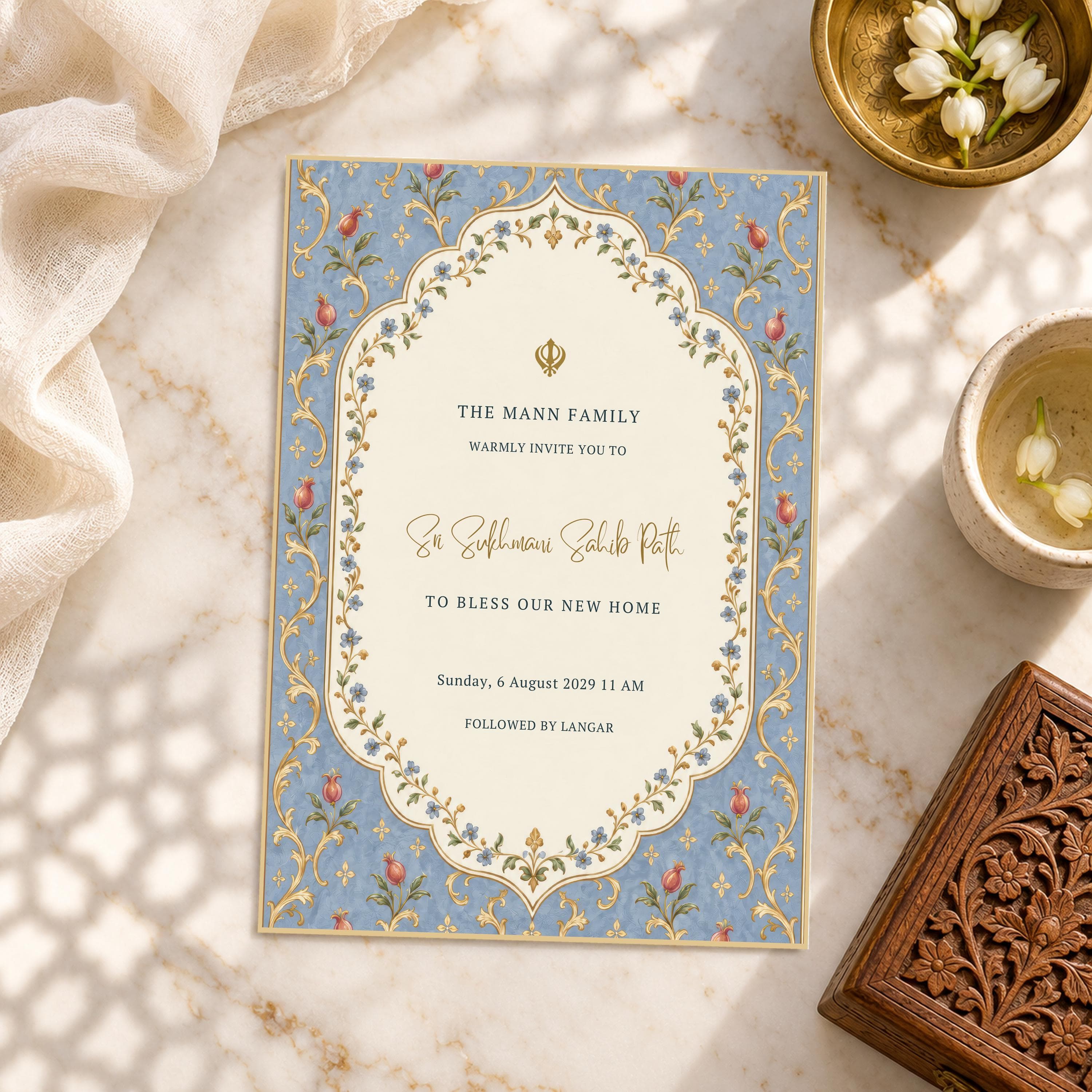 Blue Sukhmani Sahib Path Invitation, Sikh Ceremony Invite Card, Scalloped Arch, Editable Canva Template, SEERAT - image 4