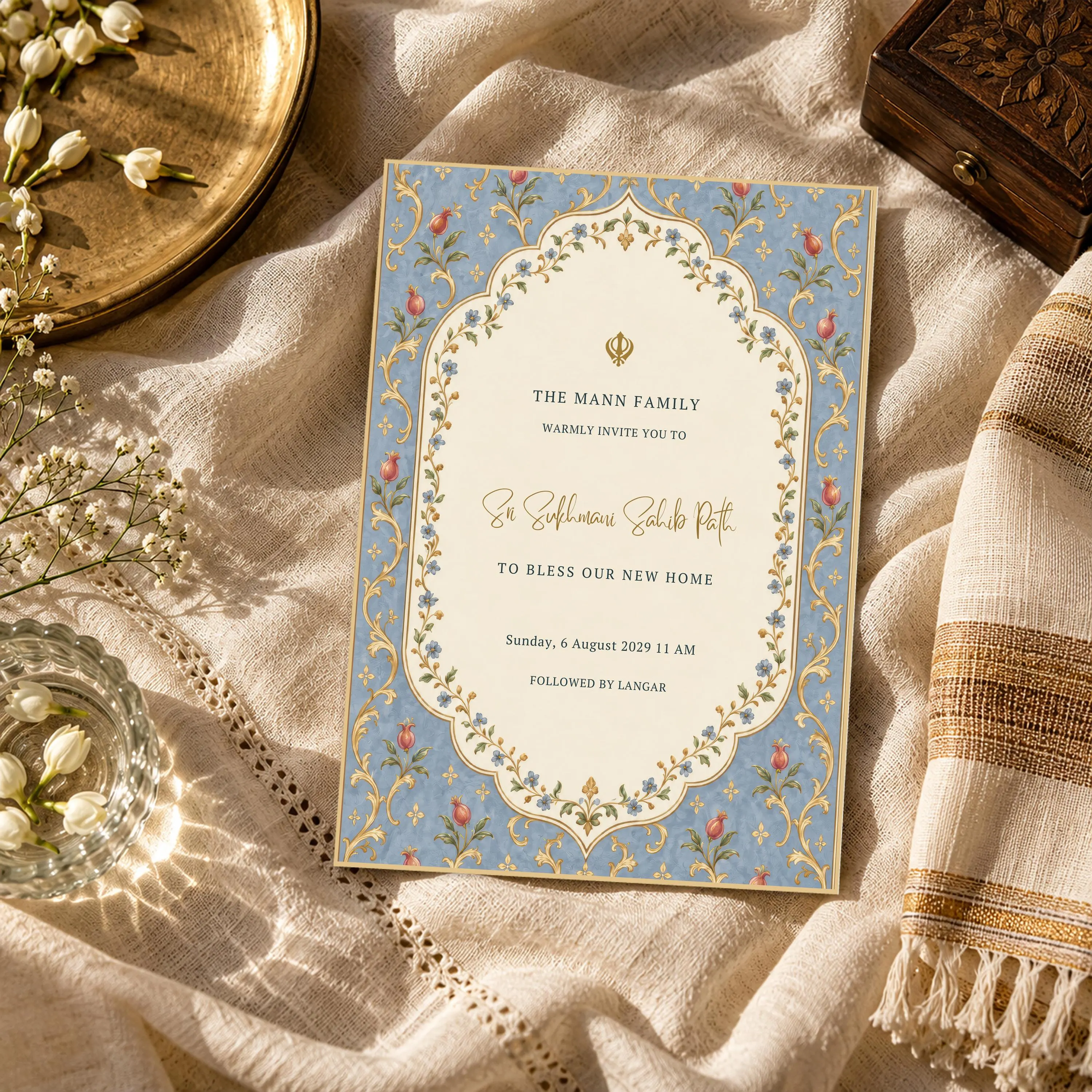 Blue Sukhmani Sahib Path Invitation, Sikh Ceremony Invite Card, Scalloped Arch, Editable Canva Template, SEERAT - image 5