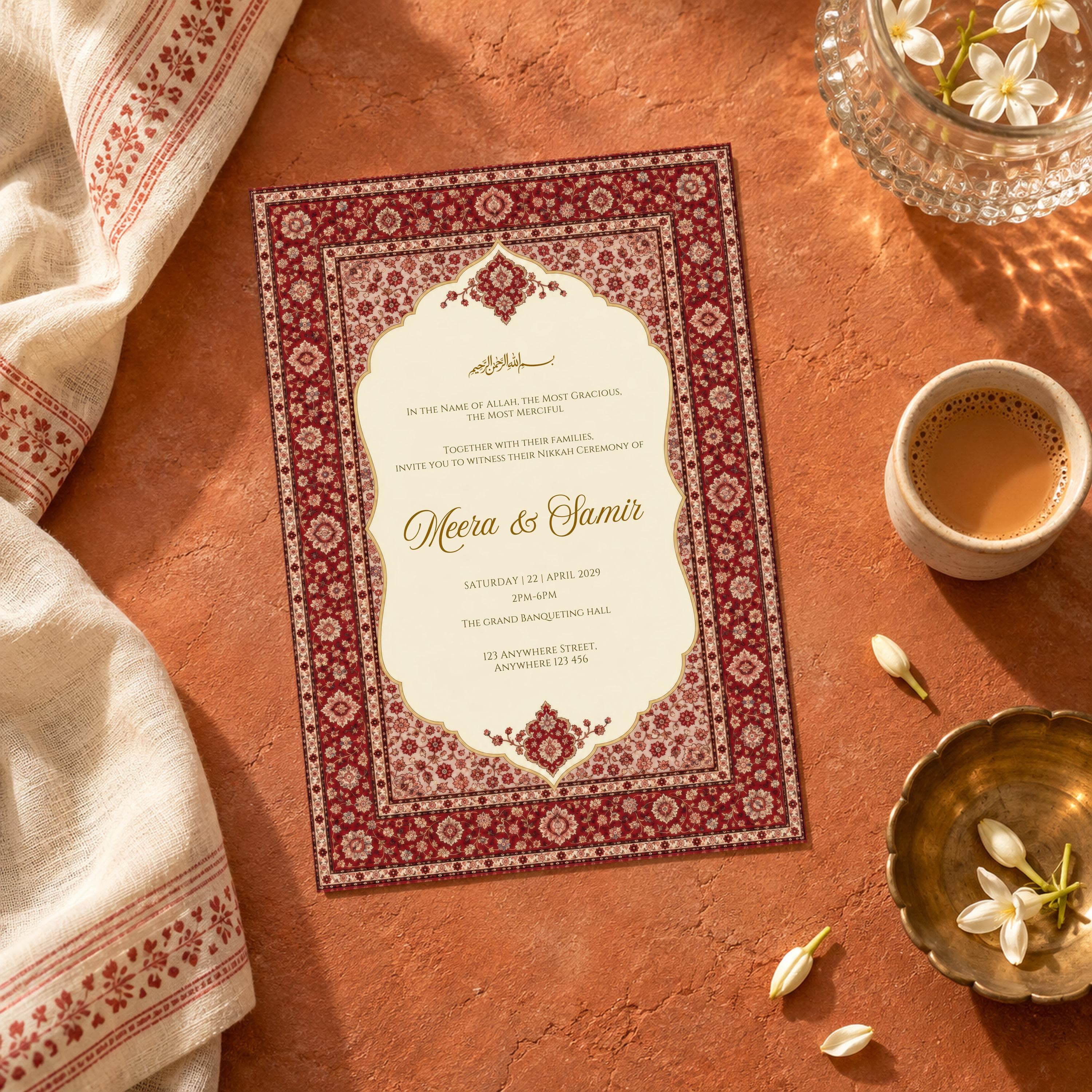 Gold Burgundy Nikkah Invitation, Islamic Wedding Invite Card, Red Persian Carpet, Walima Announcement, Editable Canva Template, SAFIRA