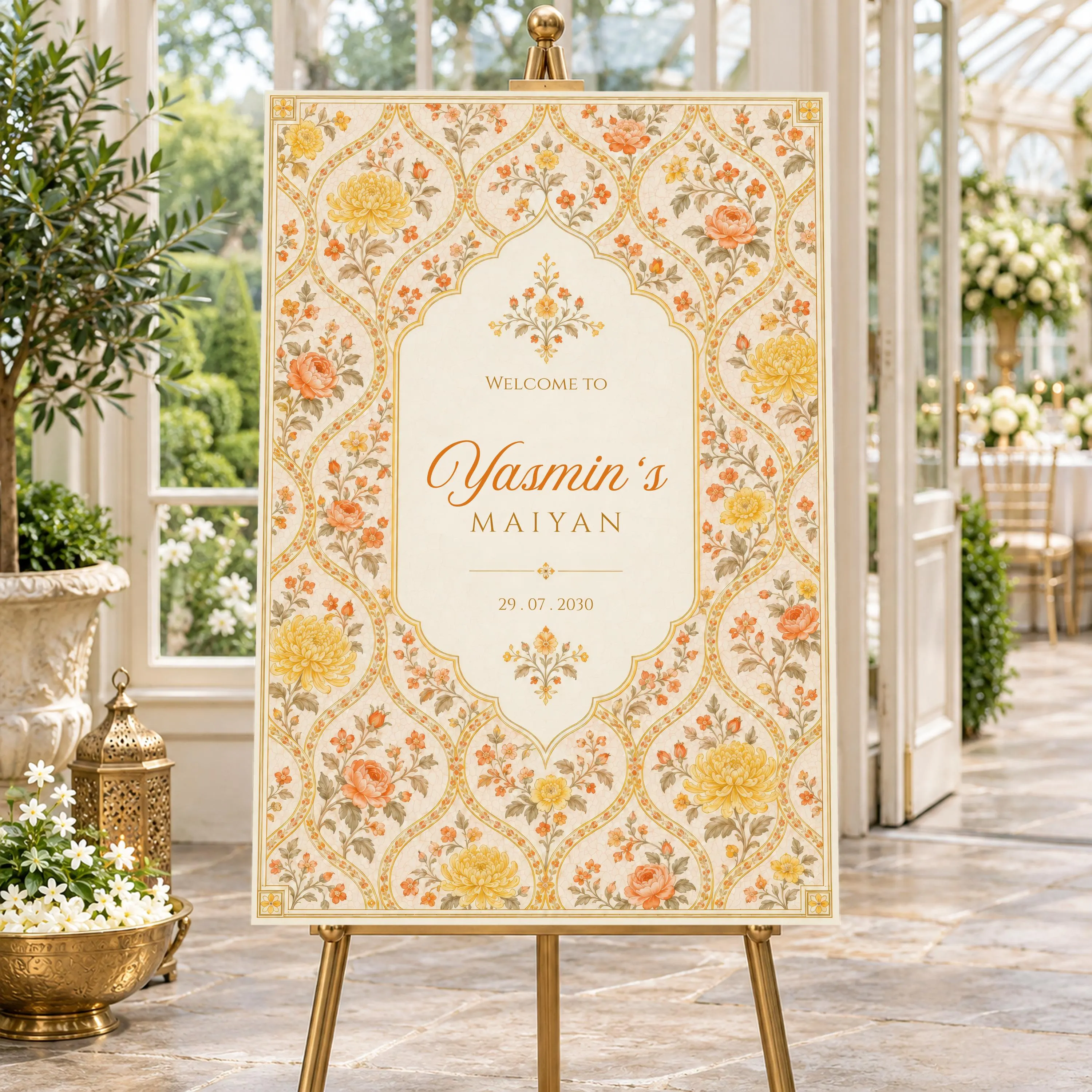 Yellow Mughal Floral Maiyan Welcome Sign, Punjabi Wedding Reception Board, Lattice Design, Mehndi Decor, Editable Canva Template, NADIA - image 4