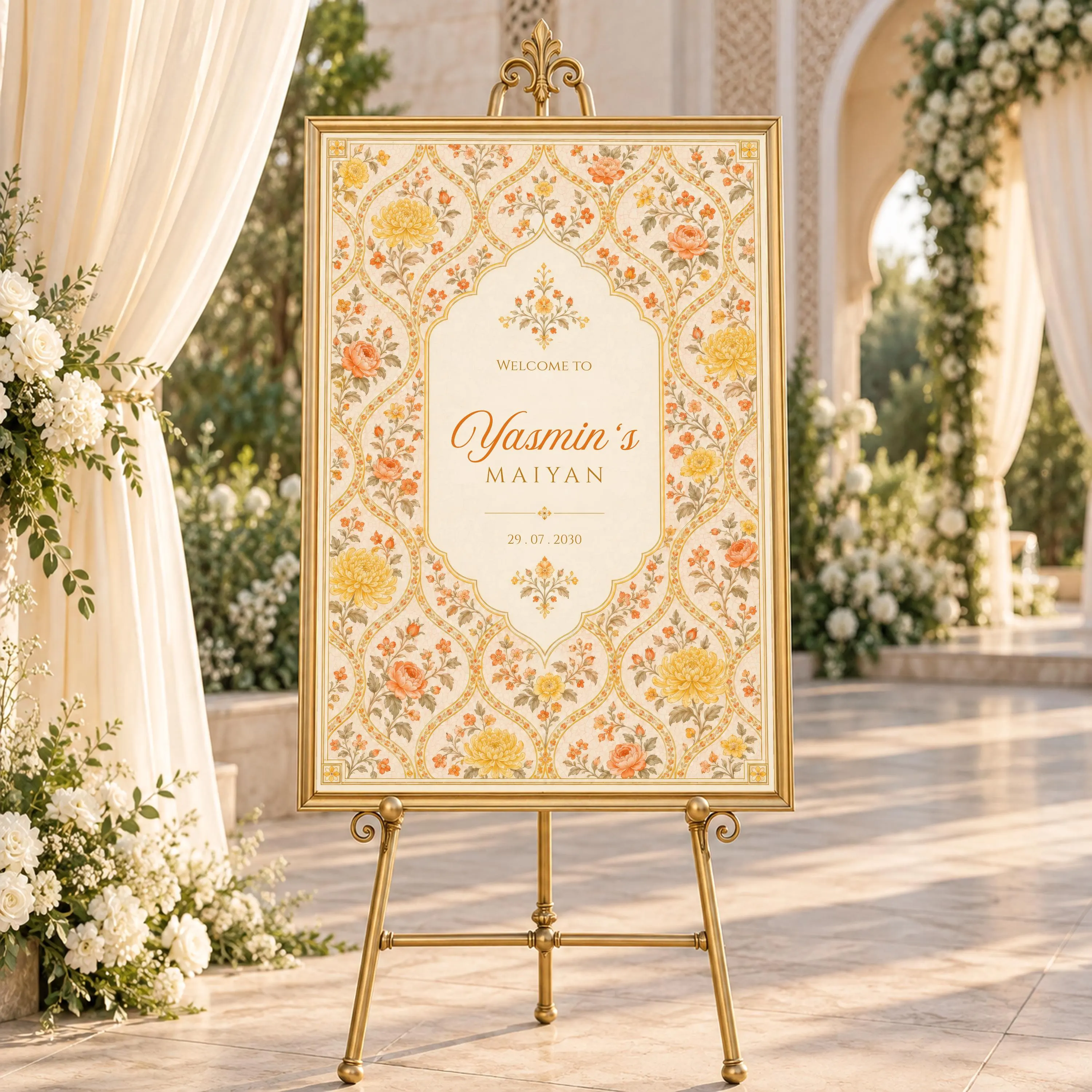 Yellow Mughal Floral Maiyan Welcome Sign, Punjabi Wedding Reception Board, Lattice Design, Mehndi Decor, Editable Canva Template, NADIA - image 3