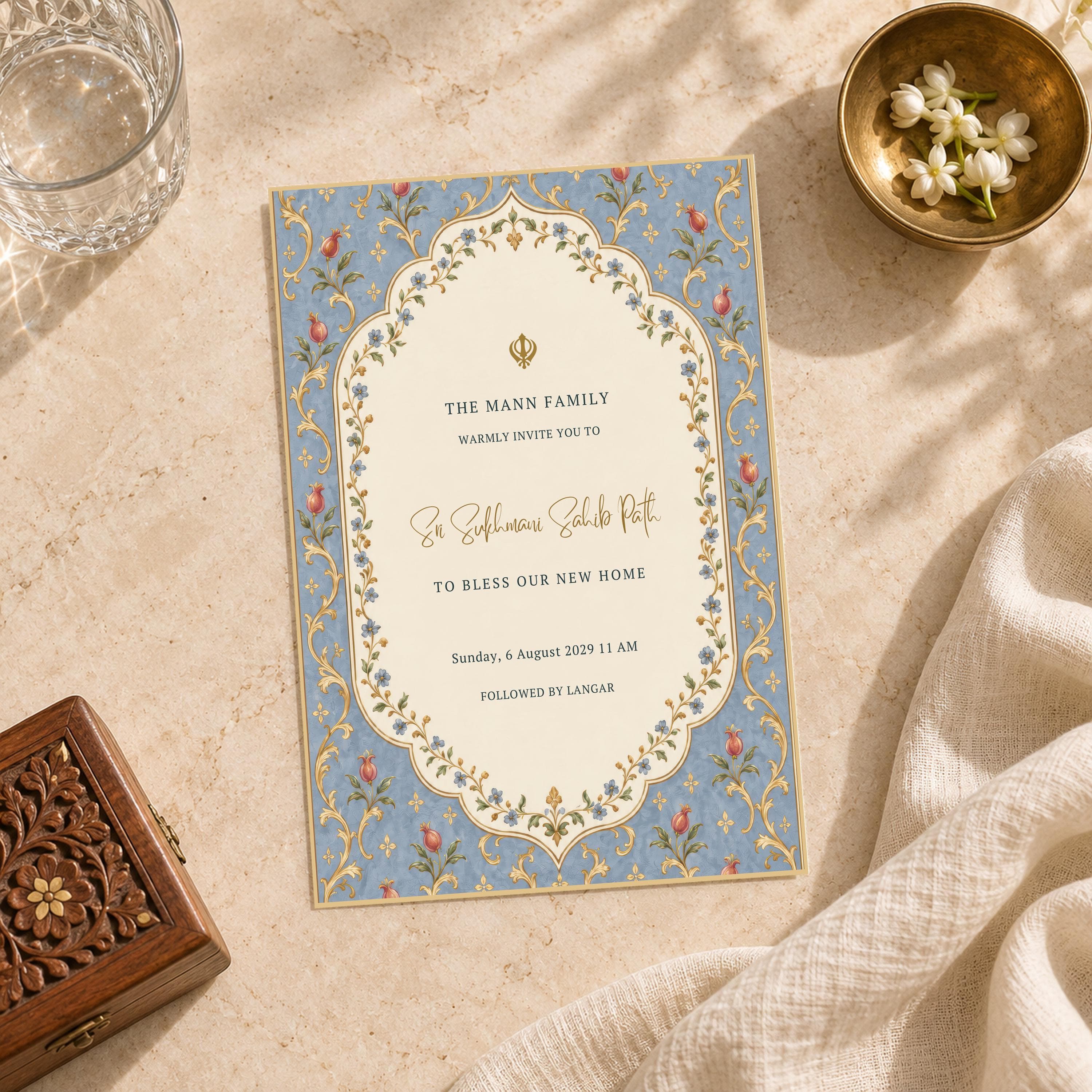 Blue Sukhmani Sahib Path Invitation, Sikh Ceremony Invite Card, Scalloped Arch, Editable Canva Template, SEERAT - image 3