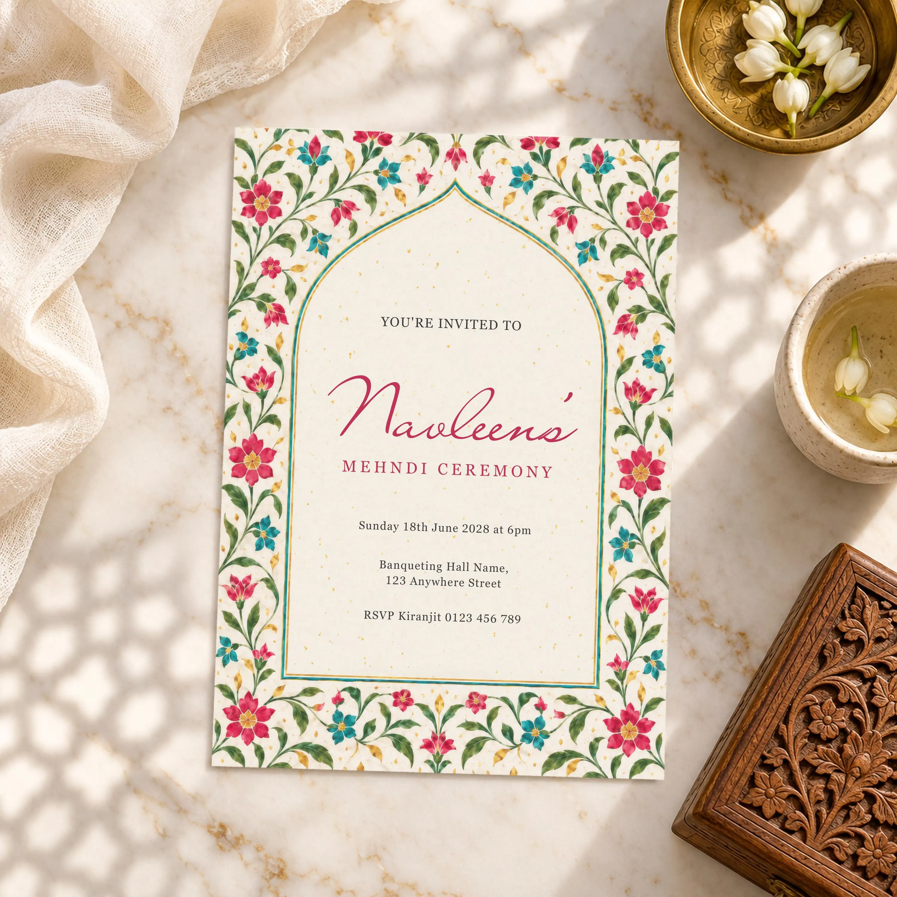 Rose Pink Mehndi Invitation, South Asian Wedding Invite Card, Mughal Arch, Sangeet Decor, Editable Canva Template, PARINA