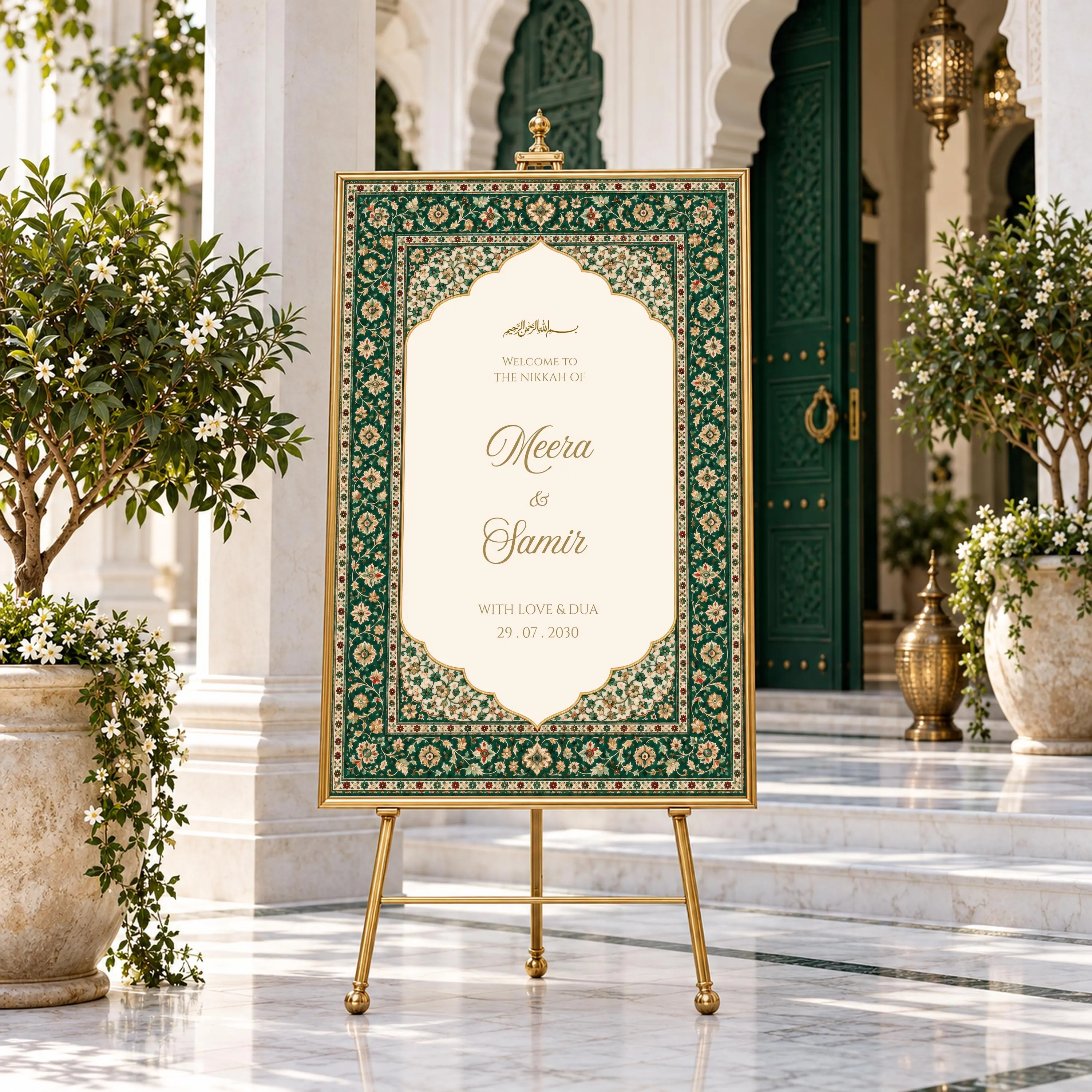 Emerald Green Gold Nikkah Welcome Sign, Islamic Wedding Reception Board, Persian Carpet Border, Walima Decor, Editable Canva Template, AMINA
