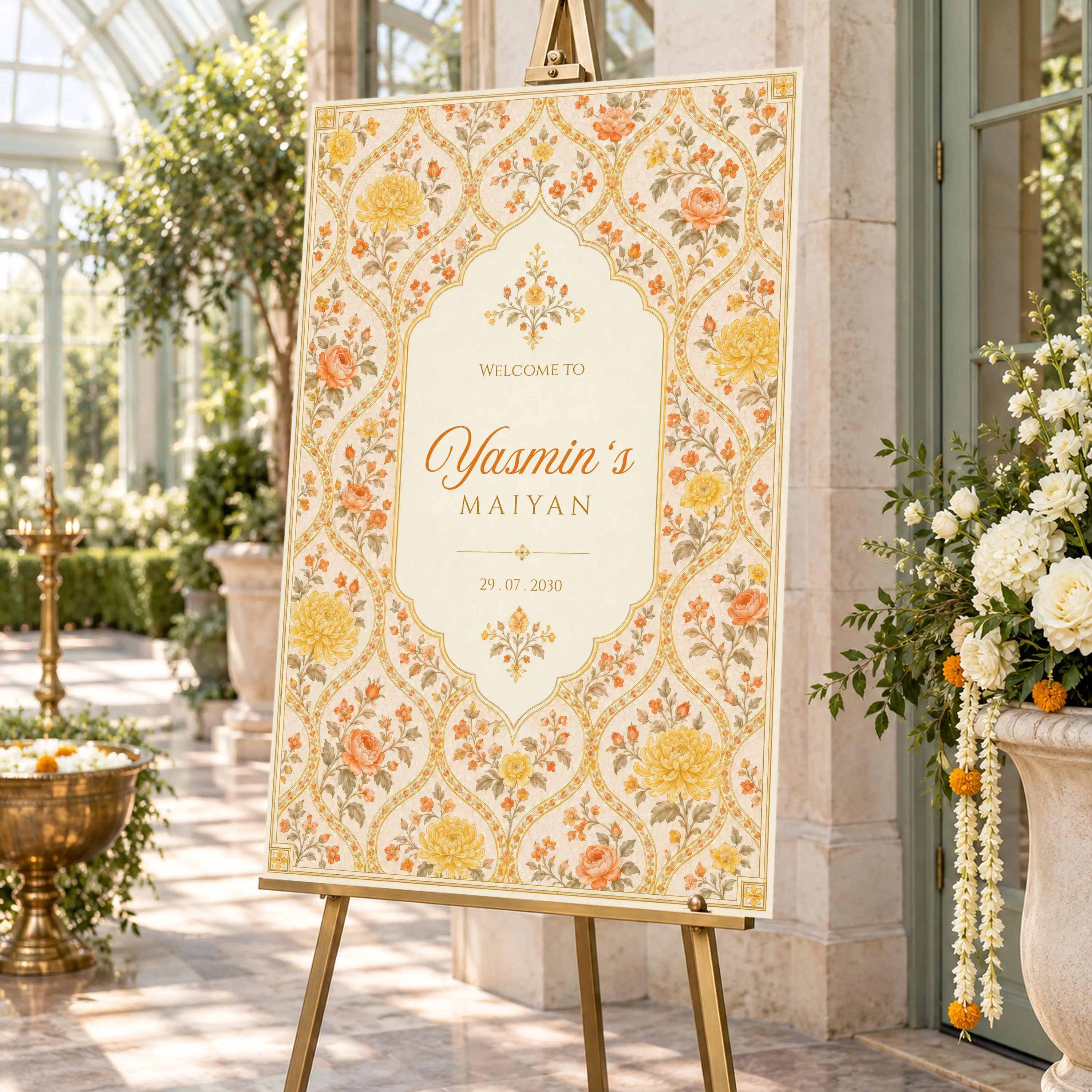 Yellow Mughal Floral Maiyan Welcome Sign, Punjabi Wedding Reception Board, Lattice Design, Mehndi Decor, Editable Canva Template, NADIA - image 5