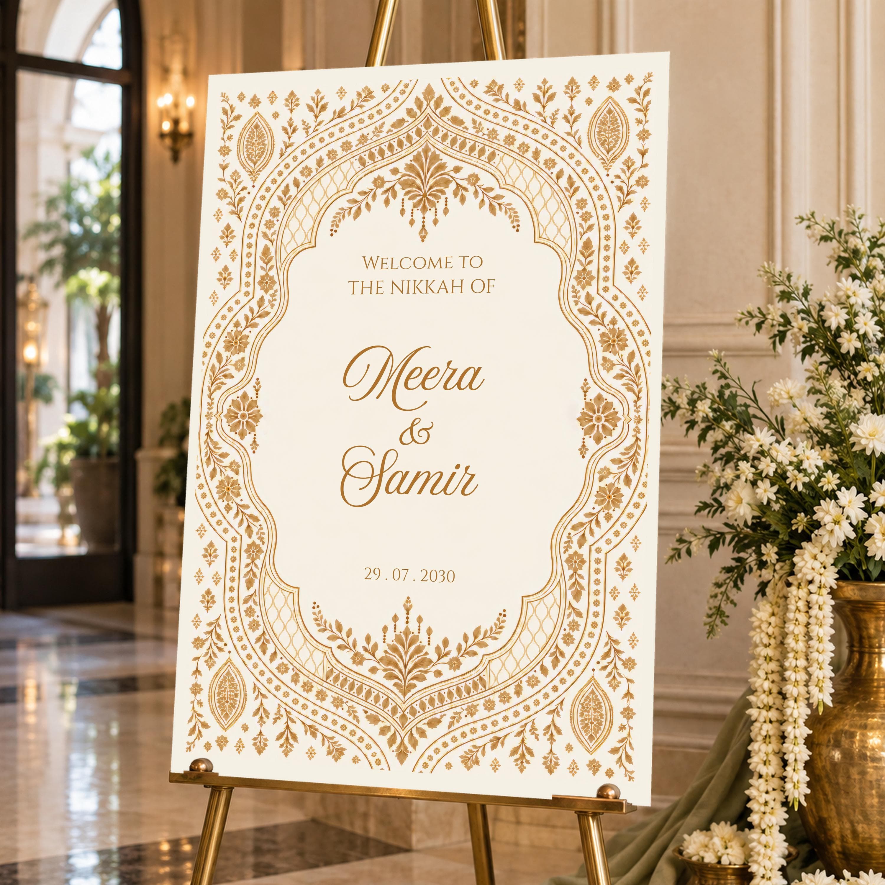 Gold Ivory Nikkah Welcome Sign, Islamic Wedding Entrance Board, Mehndi Decor, Editable Canva Template, ZARA